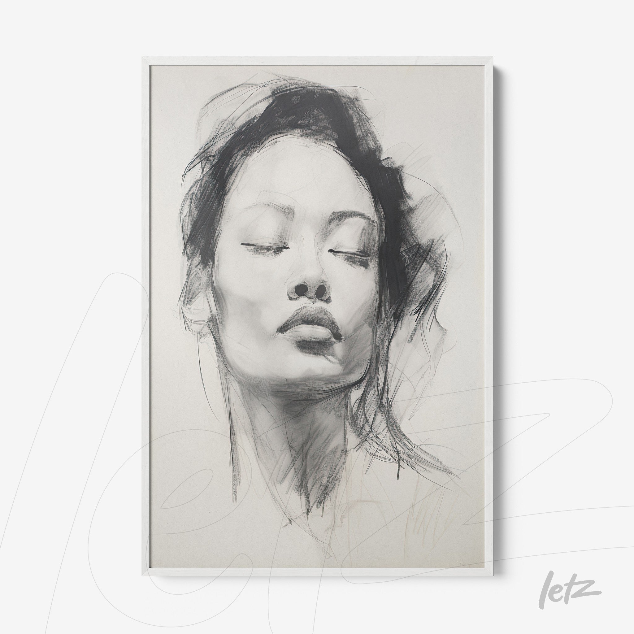 framed art featuring a minimalist portrait of a woman with closed eyes and soft lines