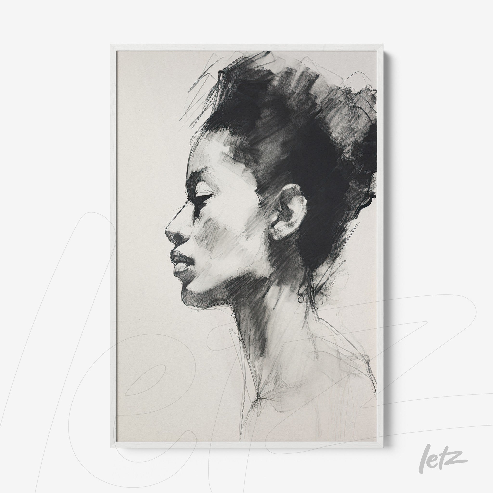 framed artwork featuring a black ink sketch of a female profile with a white frame