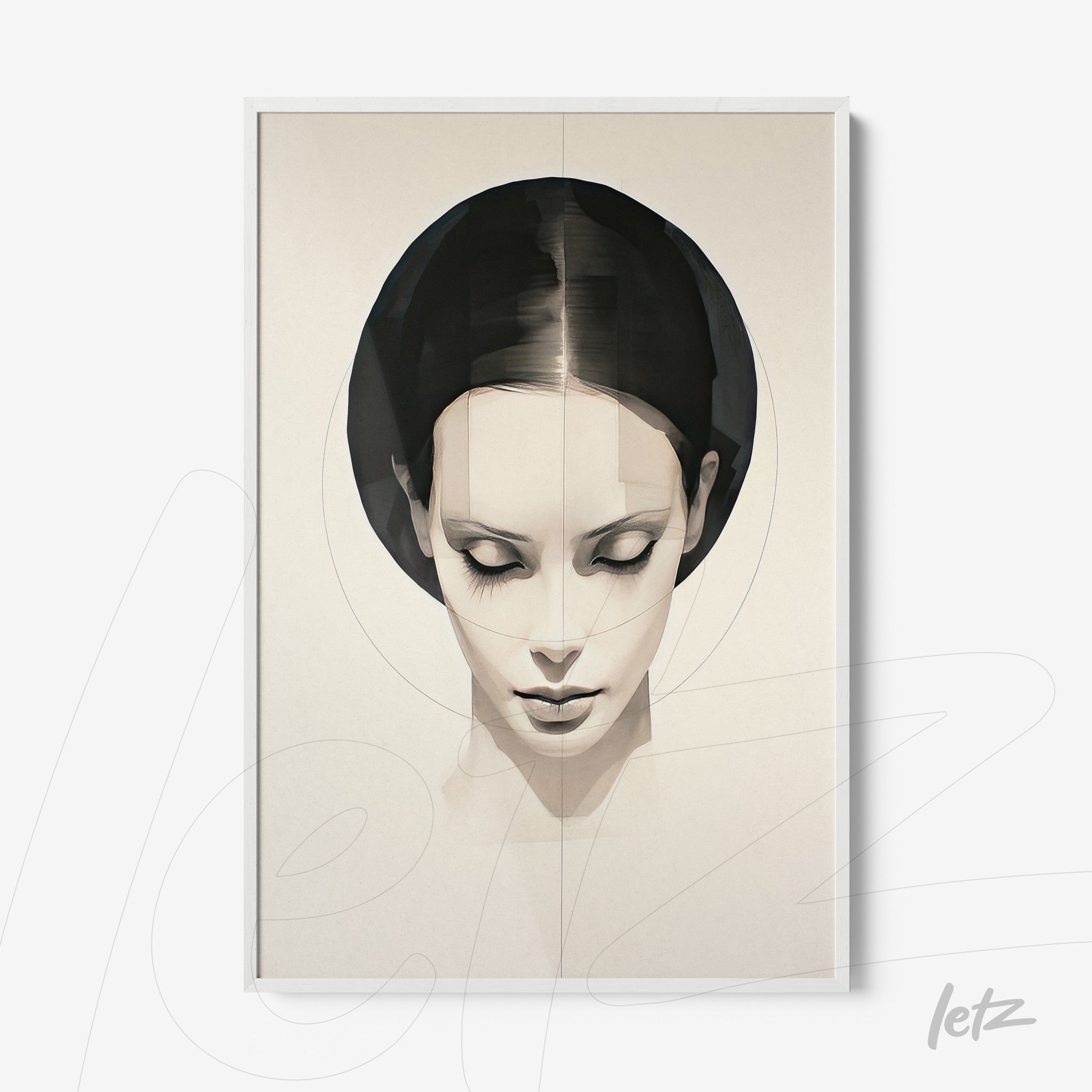 framed wall art featuring a digital portrait of a woman with black hair in a white frame, stylized with soft lines