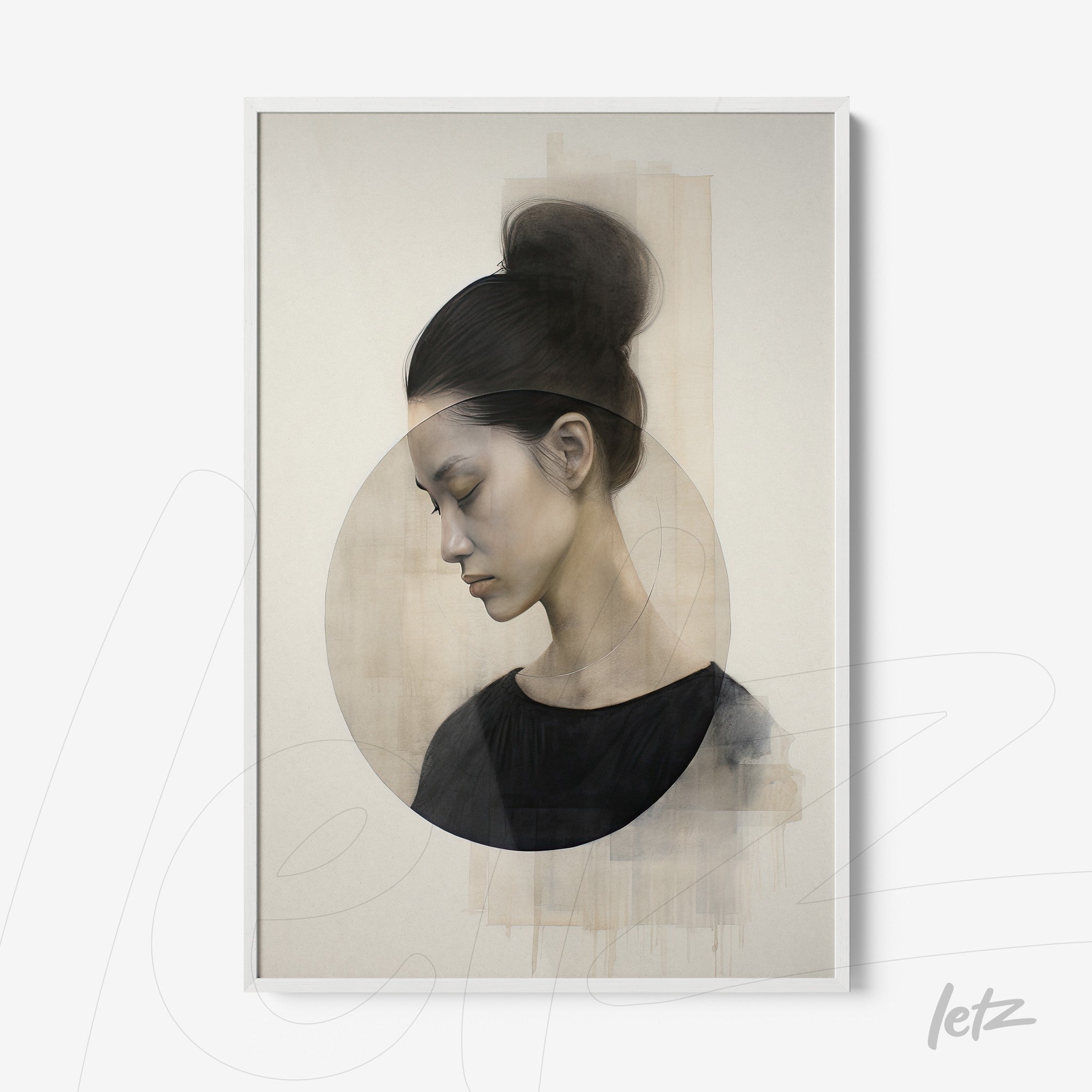 framed wall art featuring a profile portrait of a woman with neutral background and overlapping open circles