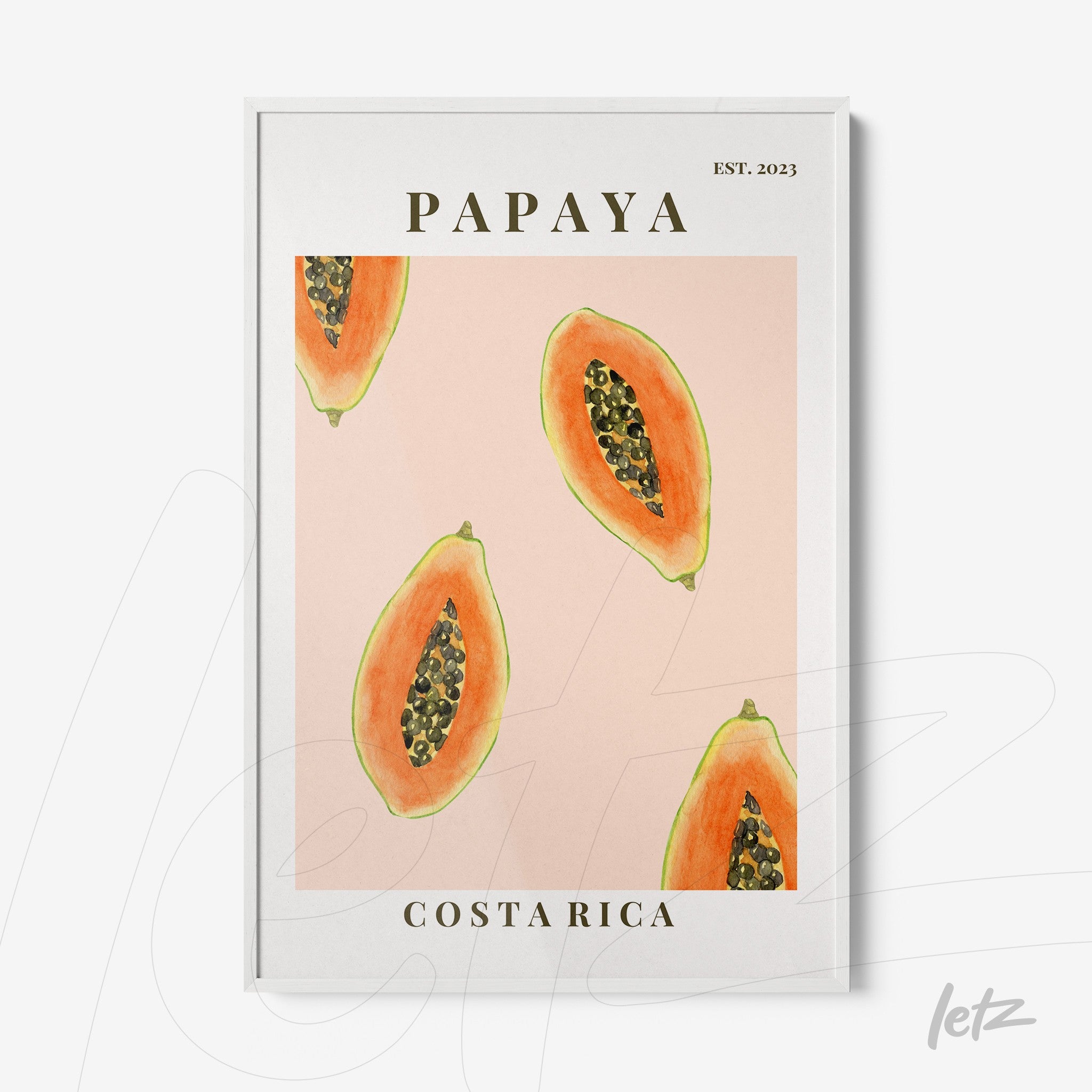 decorative wall art featuring illustrations of papayas on a soft pink background with a white frame