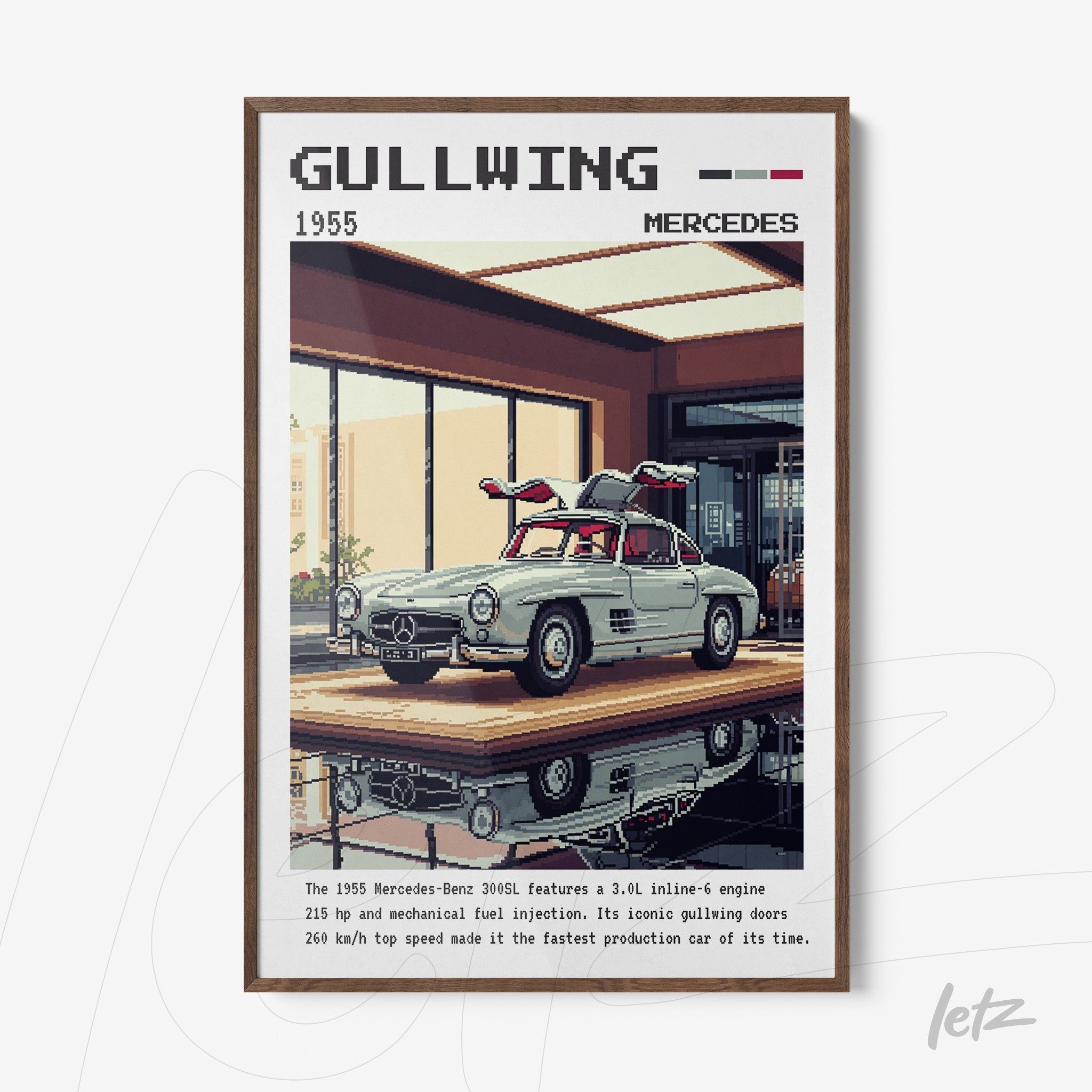 framed artwork of the 1955 Mercedes-Benz 300SL Gullwing in pixel art style with dark wooden frame