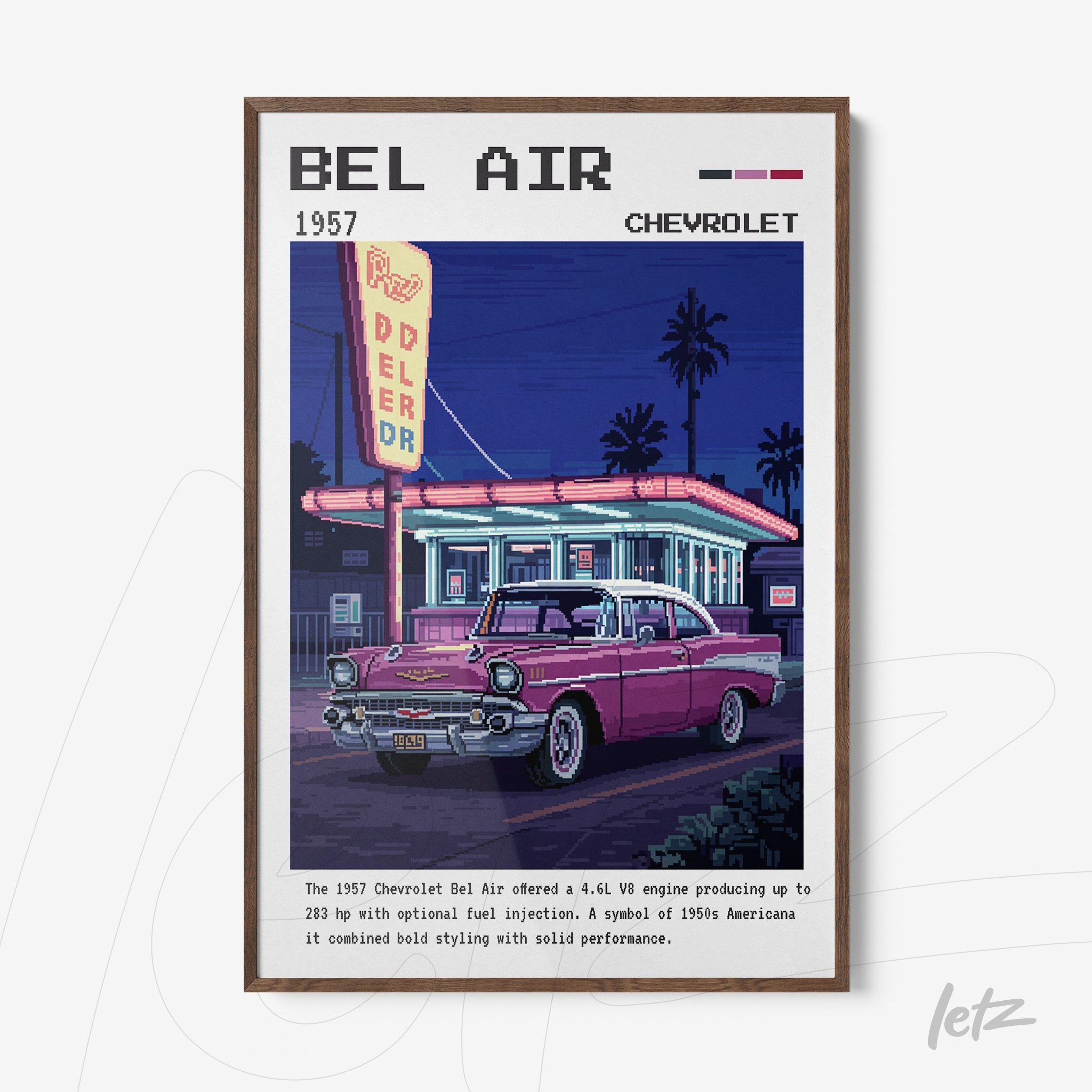 framed wall art featuring a nostalgic illustration of a 1957 Chevrolet Bel Air at a neon-lit gas station