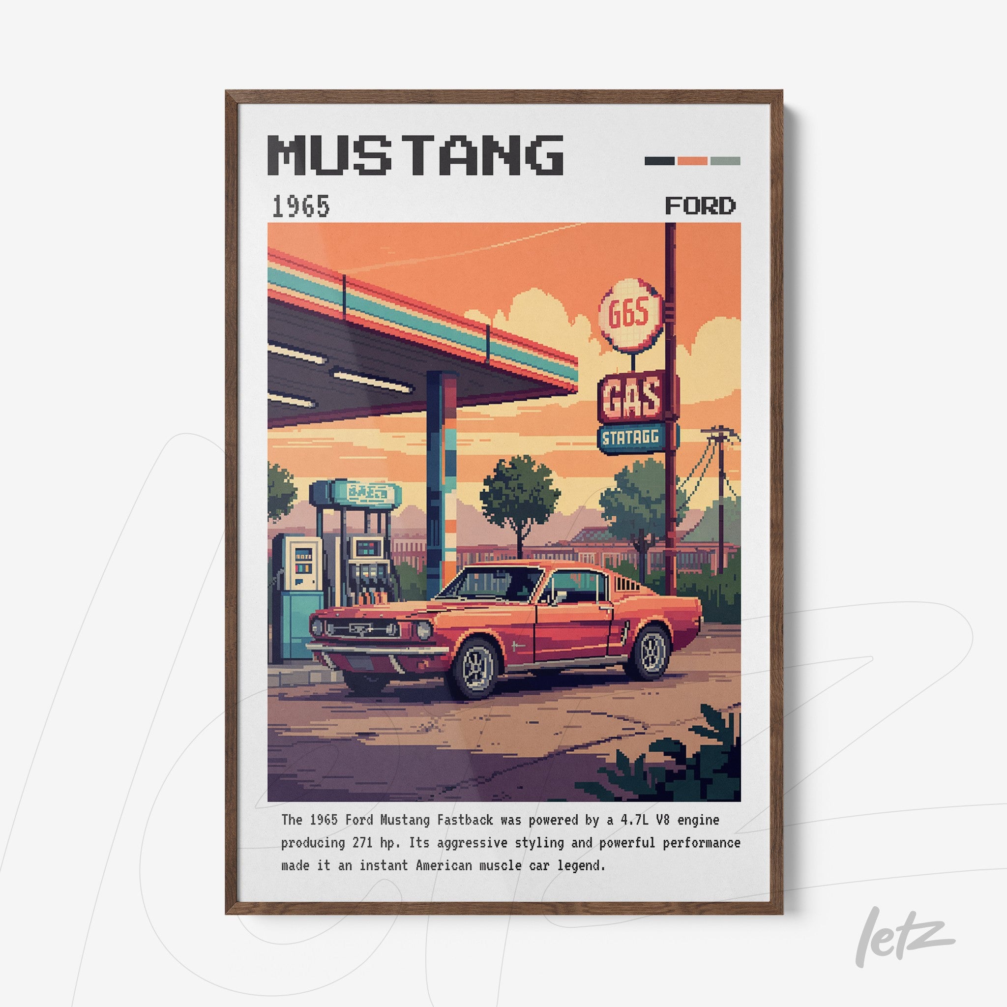 retro pixel art print of a red Mustang car parked at a gas station with vibrant details and a brown frame