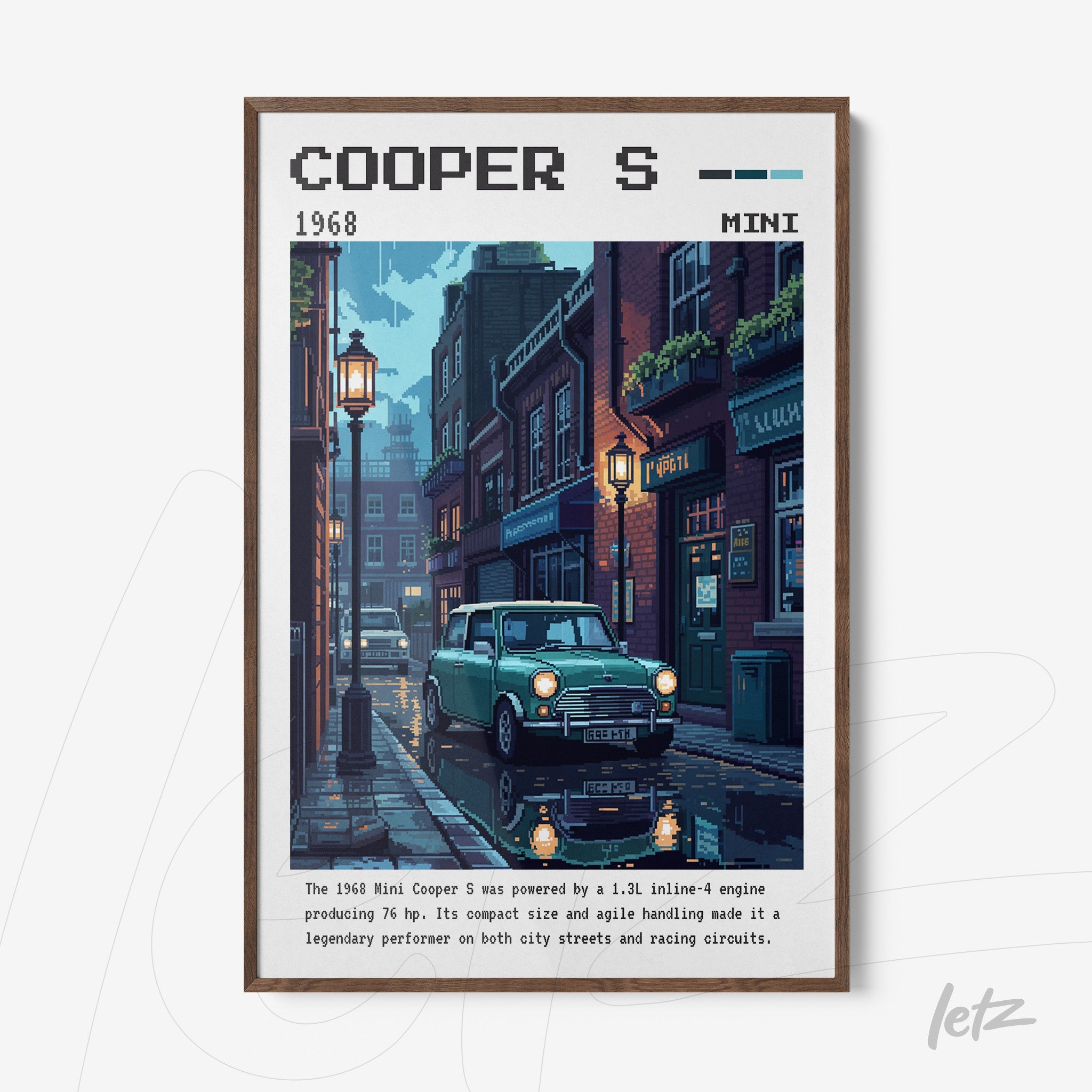 framed digital art of a Mini Cooper S parked on a historic street with lit lanterns and water reflections