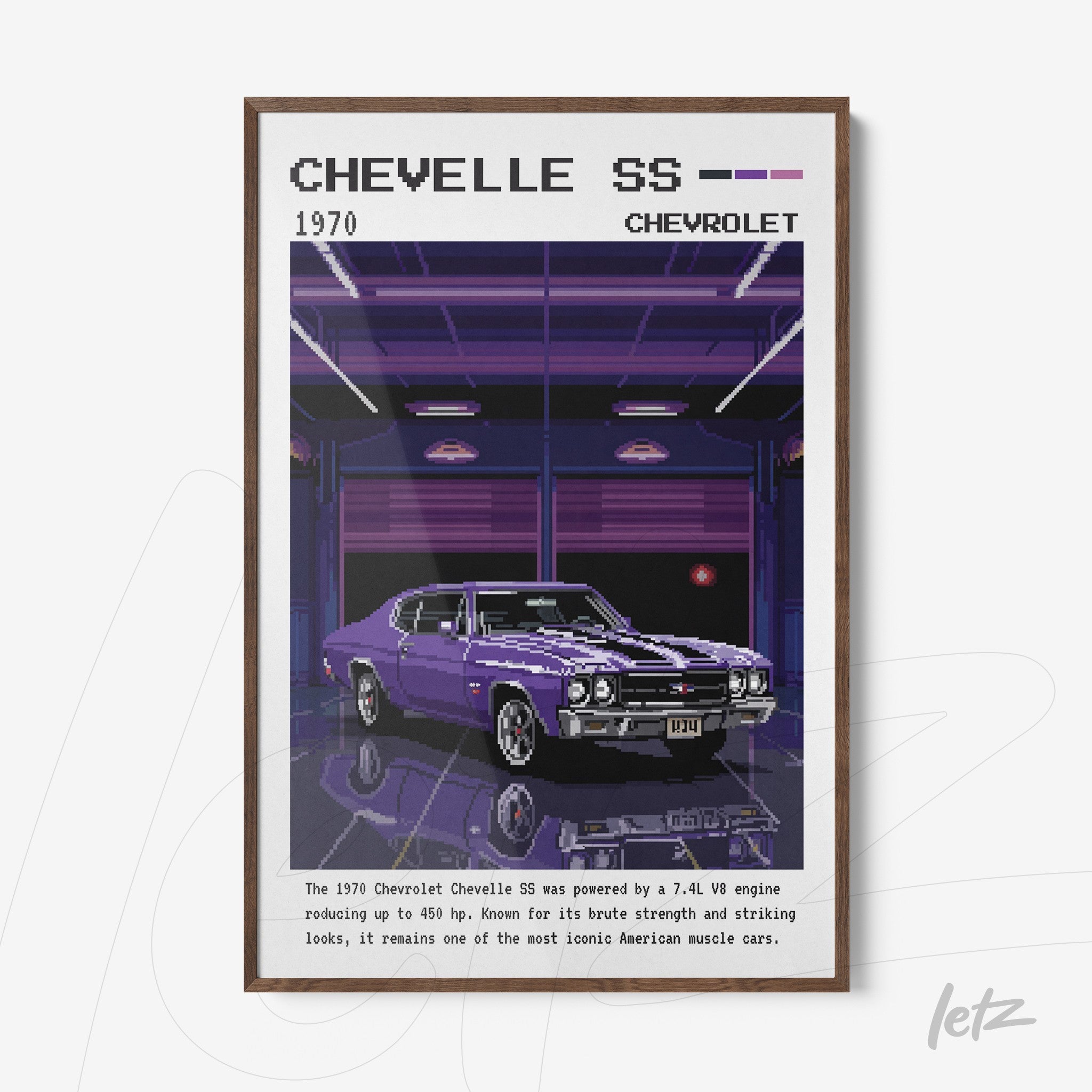 framed digital art of 1970 chevelle ss in dark wood frame with purple background