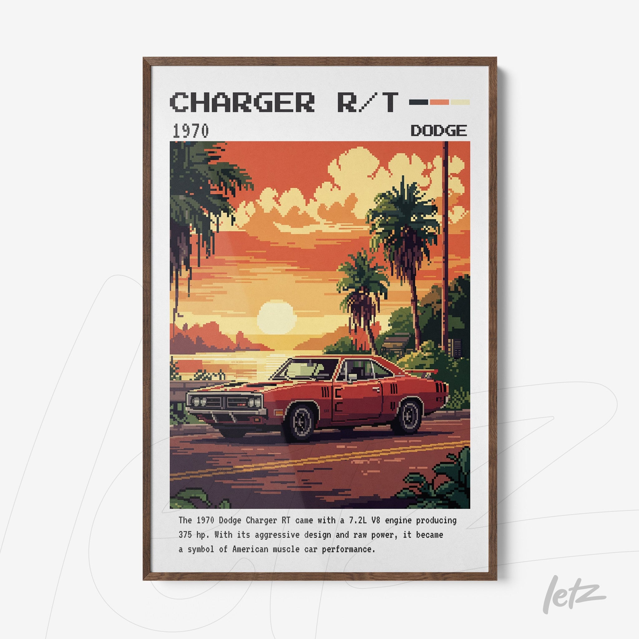 retro wall art featuring a 1970 Dodge Charger R/T in dark wood frame with a red car set against a tropical sunset backdrop