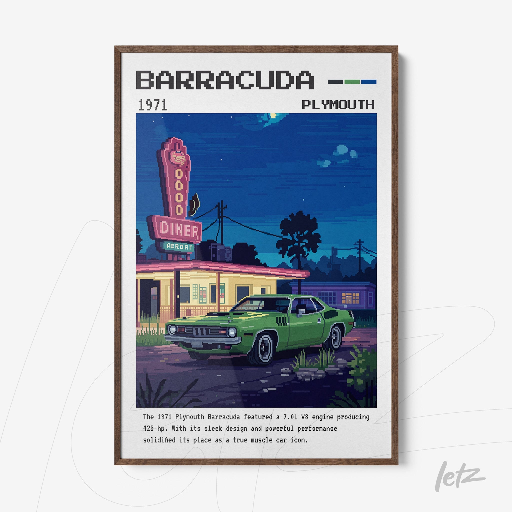framed retro art of a Plymouth Barracuda in front of a brightly lit diner at night in pixel art style