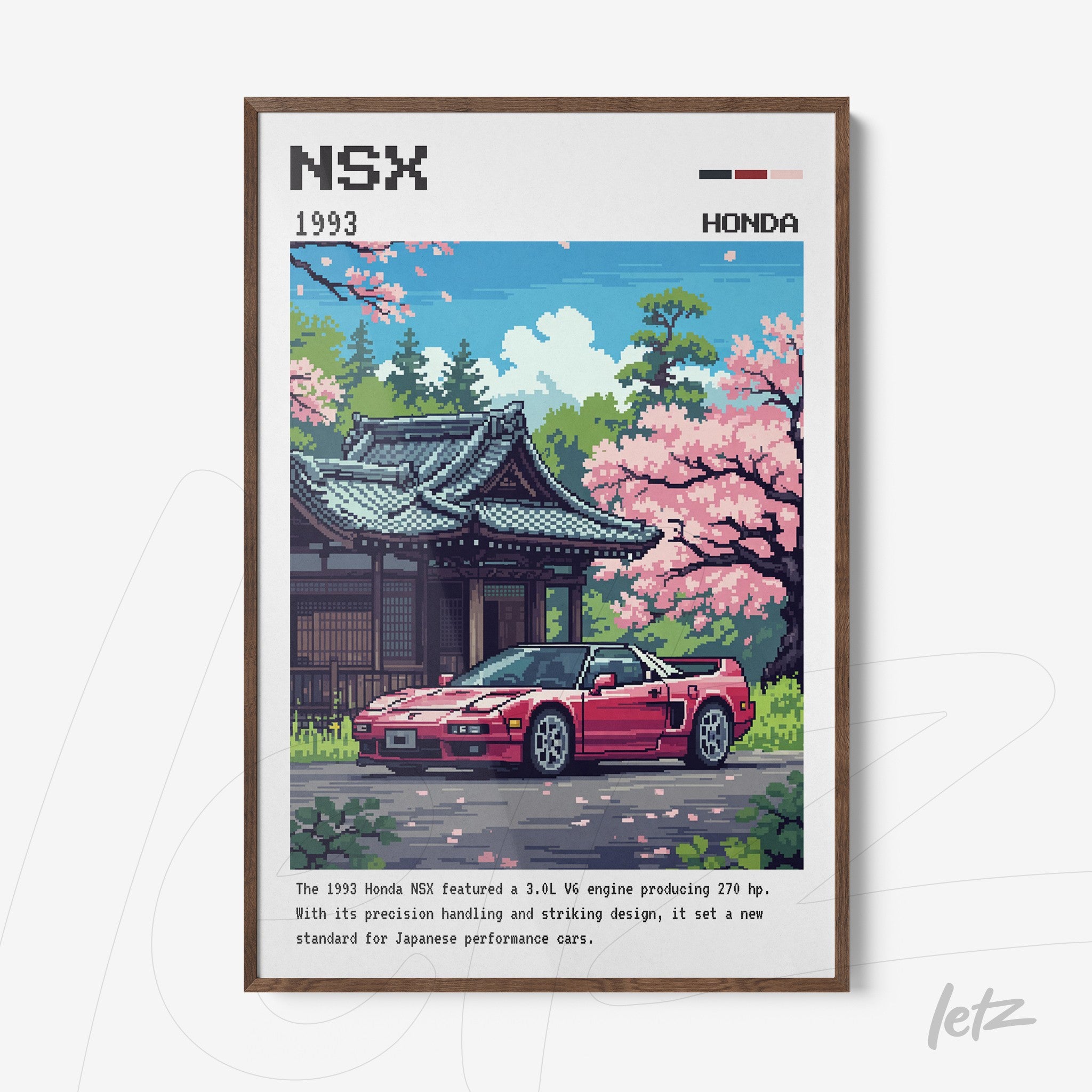pixel art print of a Honda NSX in front of a Japanese temple surrounded by cherry blossom trees, framed in dark wood