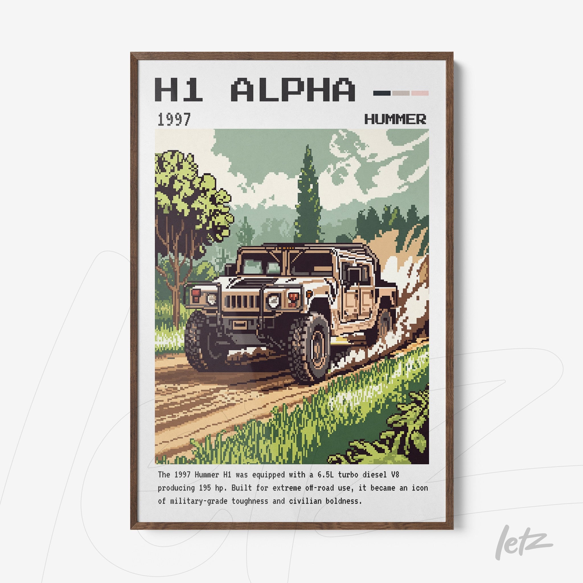 pixel art framed print of a 1997 Hummer H1 in an outdoor setting with greenery