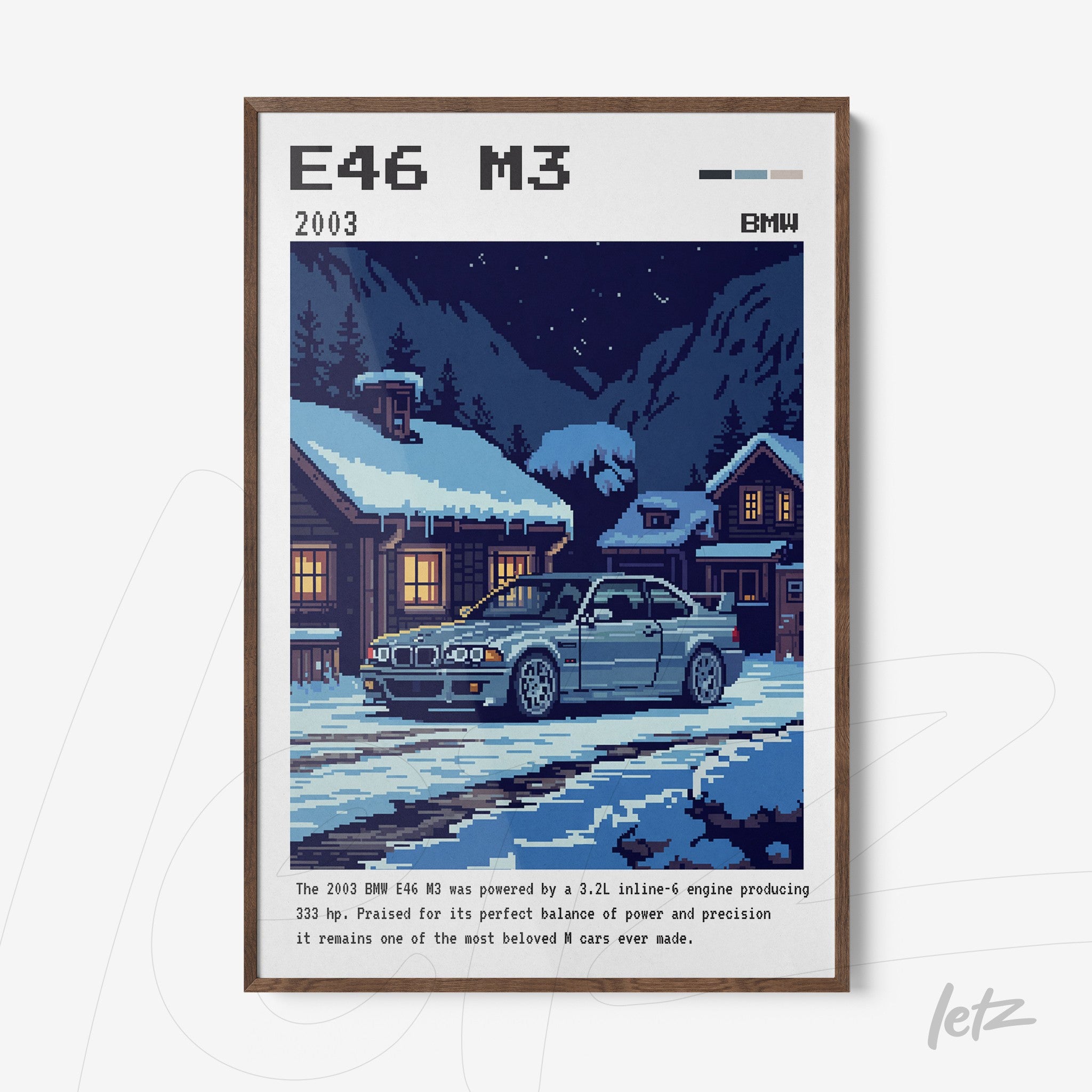 pixel art framed illustration of BMW E46 M3 in a snowy scene with brown frame