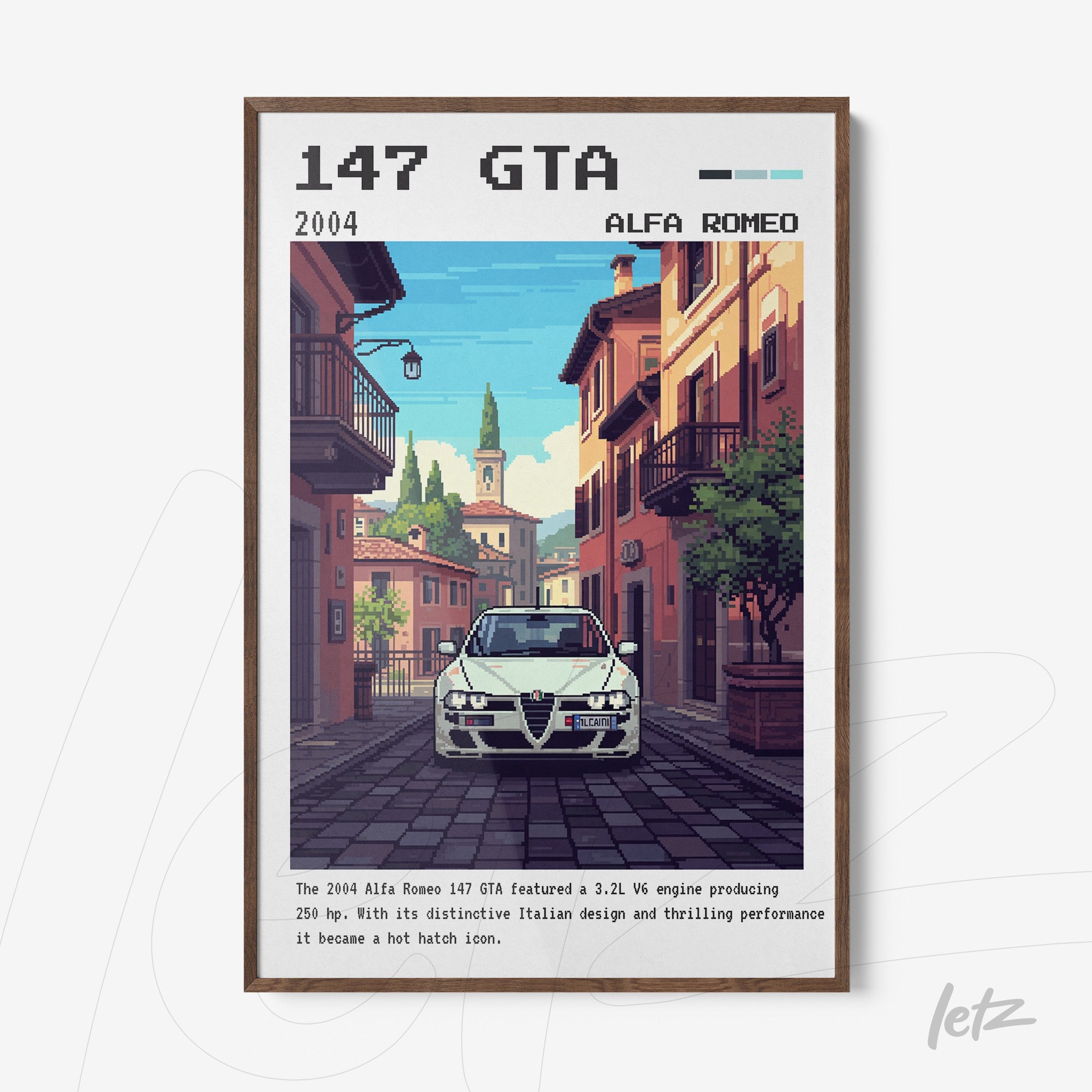 framed digital artwork of the Alfa Romeo 147 GTA in an Italian urban landscape with dark wood frame