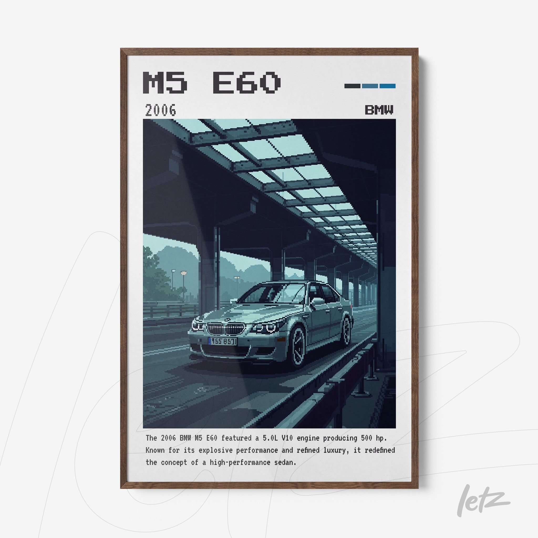 digital artwork of the BMW M5 E60 car in a dark wood frame