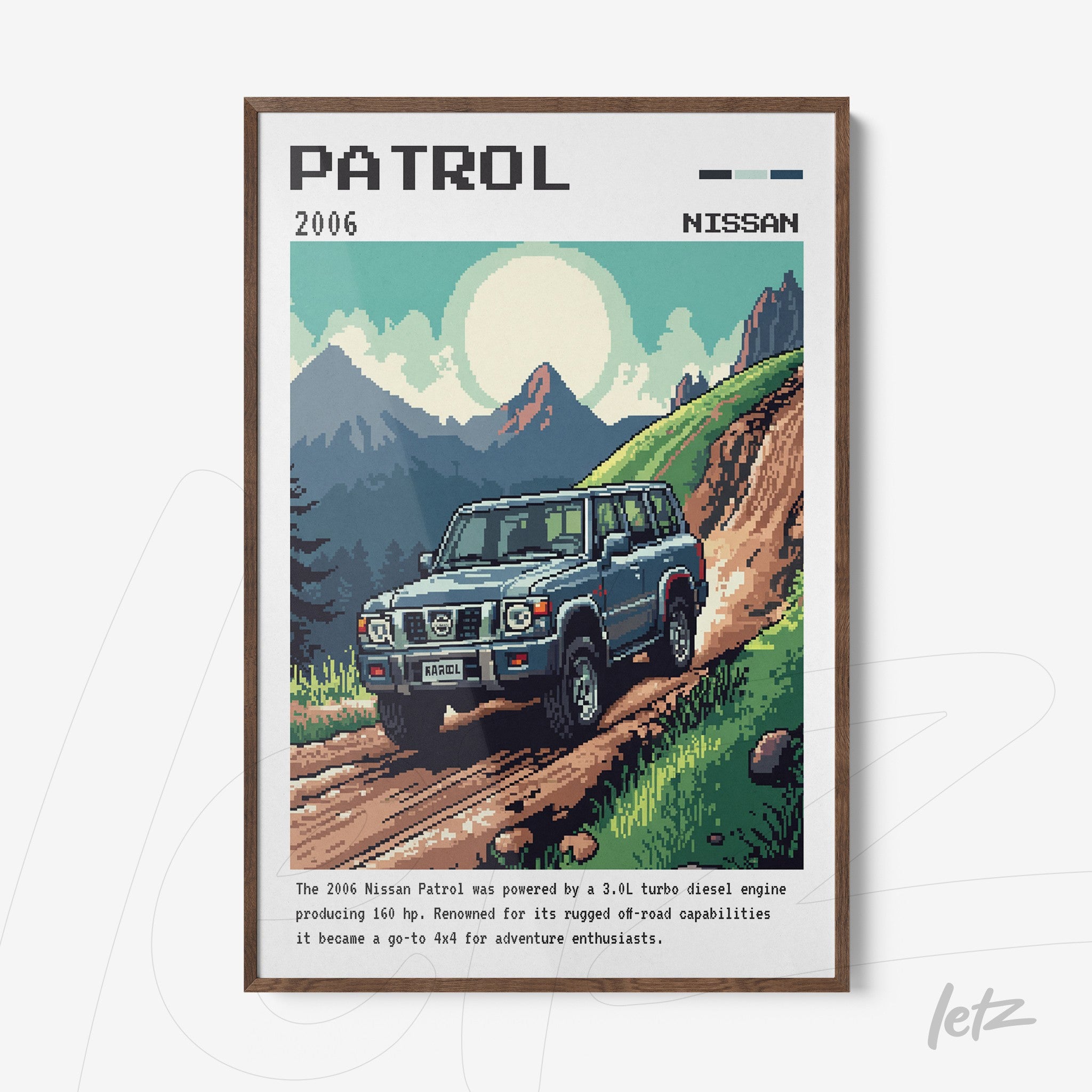 pixel art framed illustration of 2006 Nissan Patrol in dark wood frame