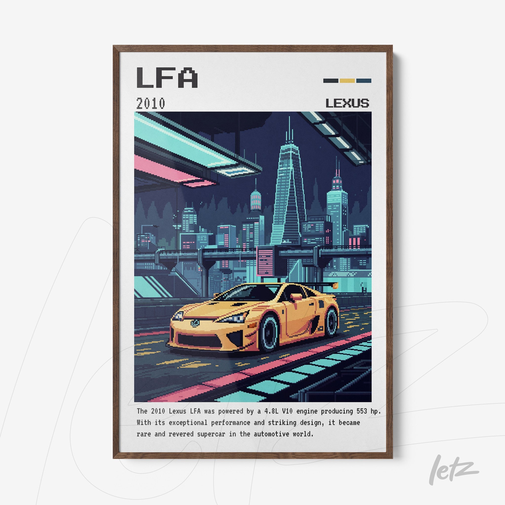 framed artwork featuring a yellow Lexus LFA sports car in a vibrant nighttime urban setting with dark wood frame