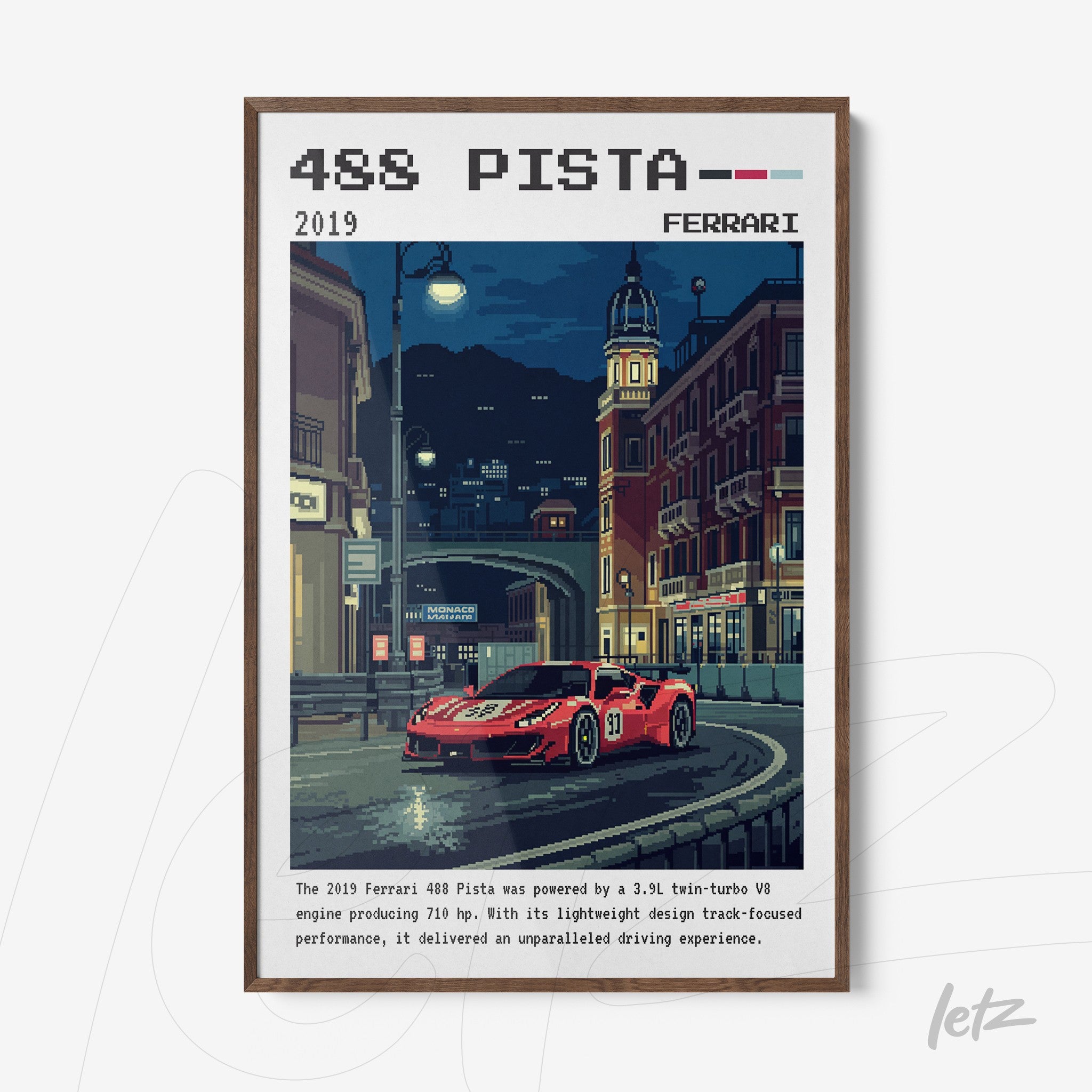 pixel art of a ferrari 488 pista car in a nighttime urban setting with buildings and street lights in the background
