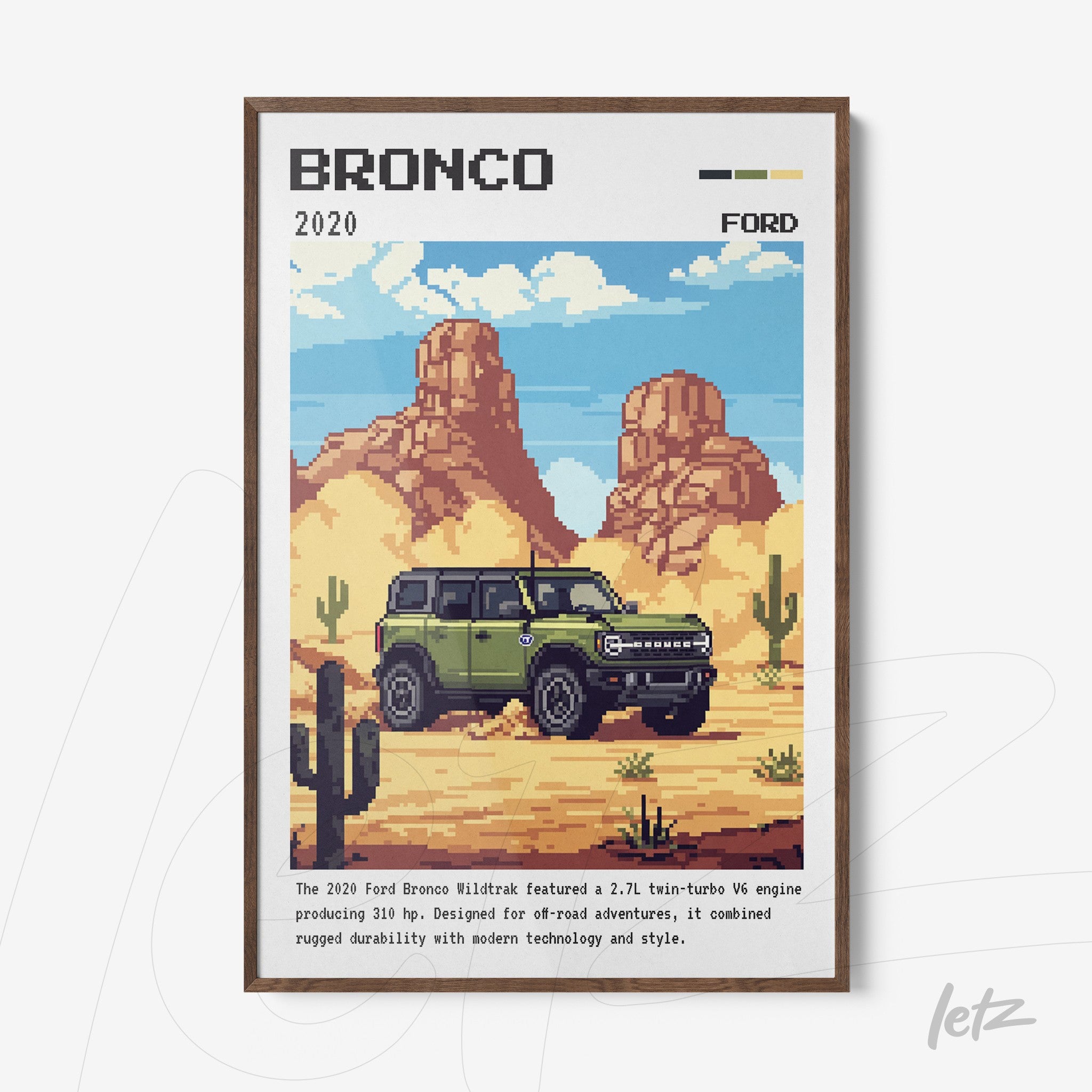 pixel art print of the 2020 Ford Bronco in a desert scene featuring cacti and mountains