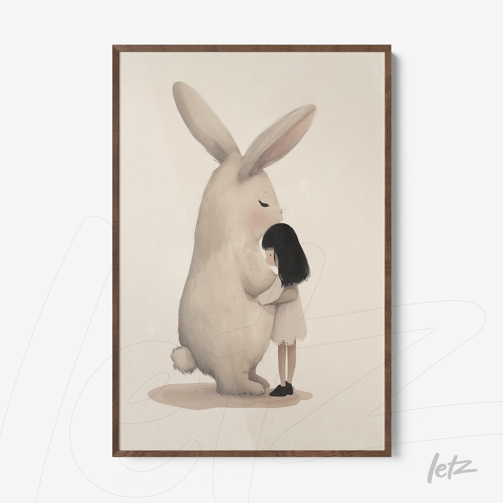framed wall art featuring a girl hugging a giant bunny with light wood frame