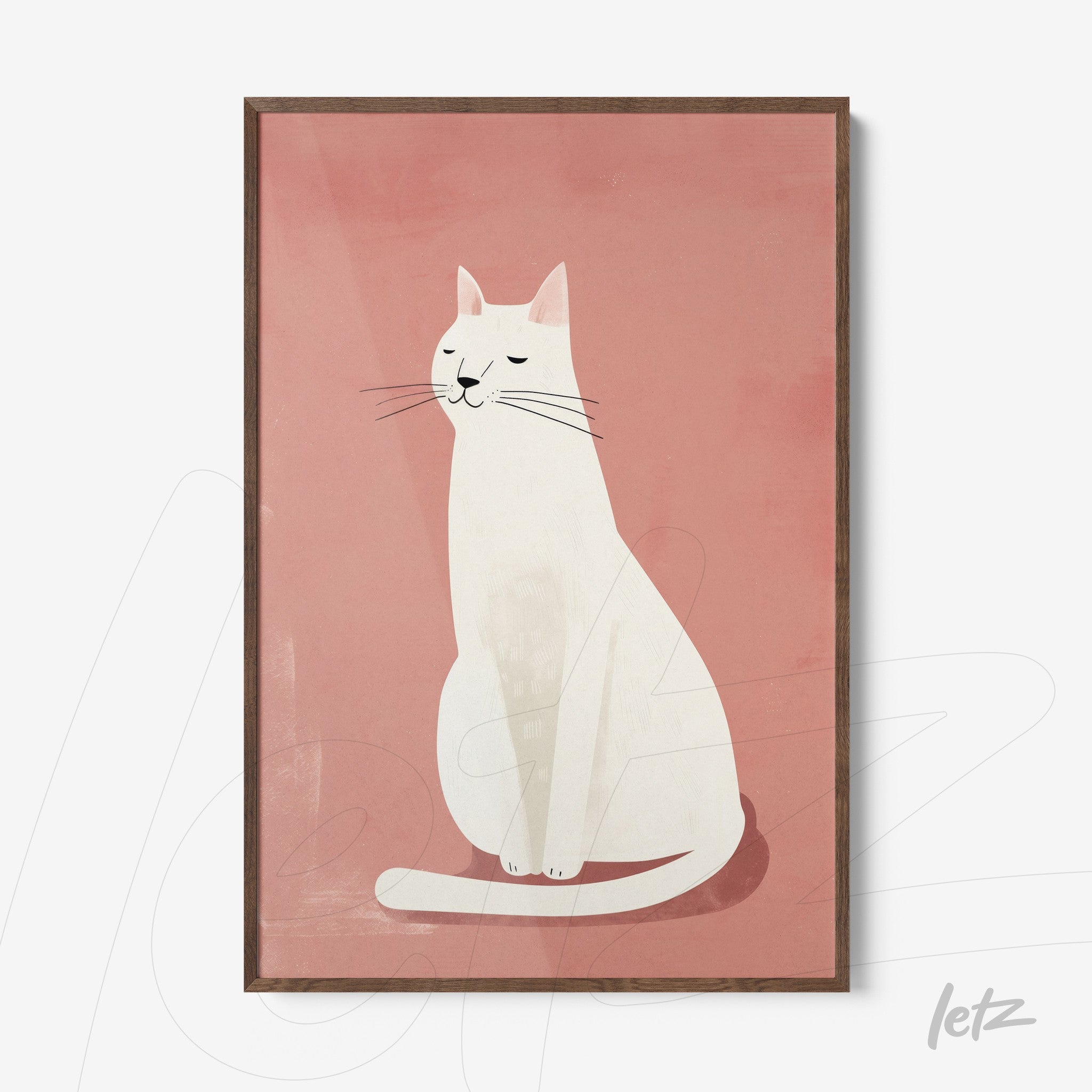 framed wall art featuring a minimalist illustration of a white cat on a soft pink background with wooden frame