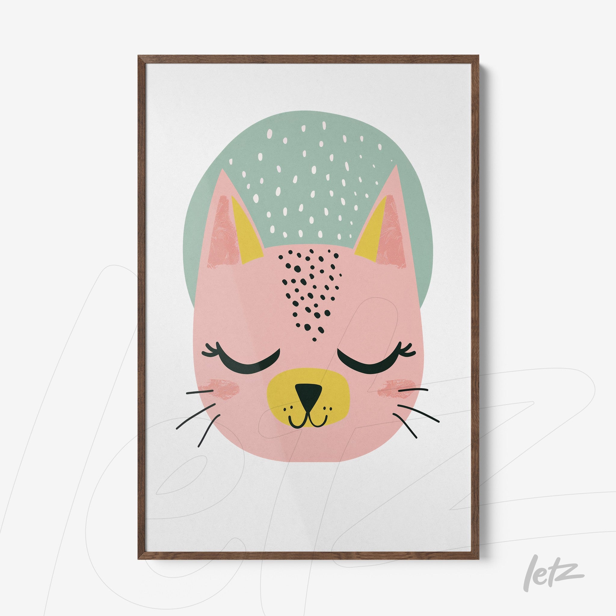 framed wall art featuring a cat illustration in shades of pink and green with a dark wood frame