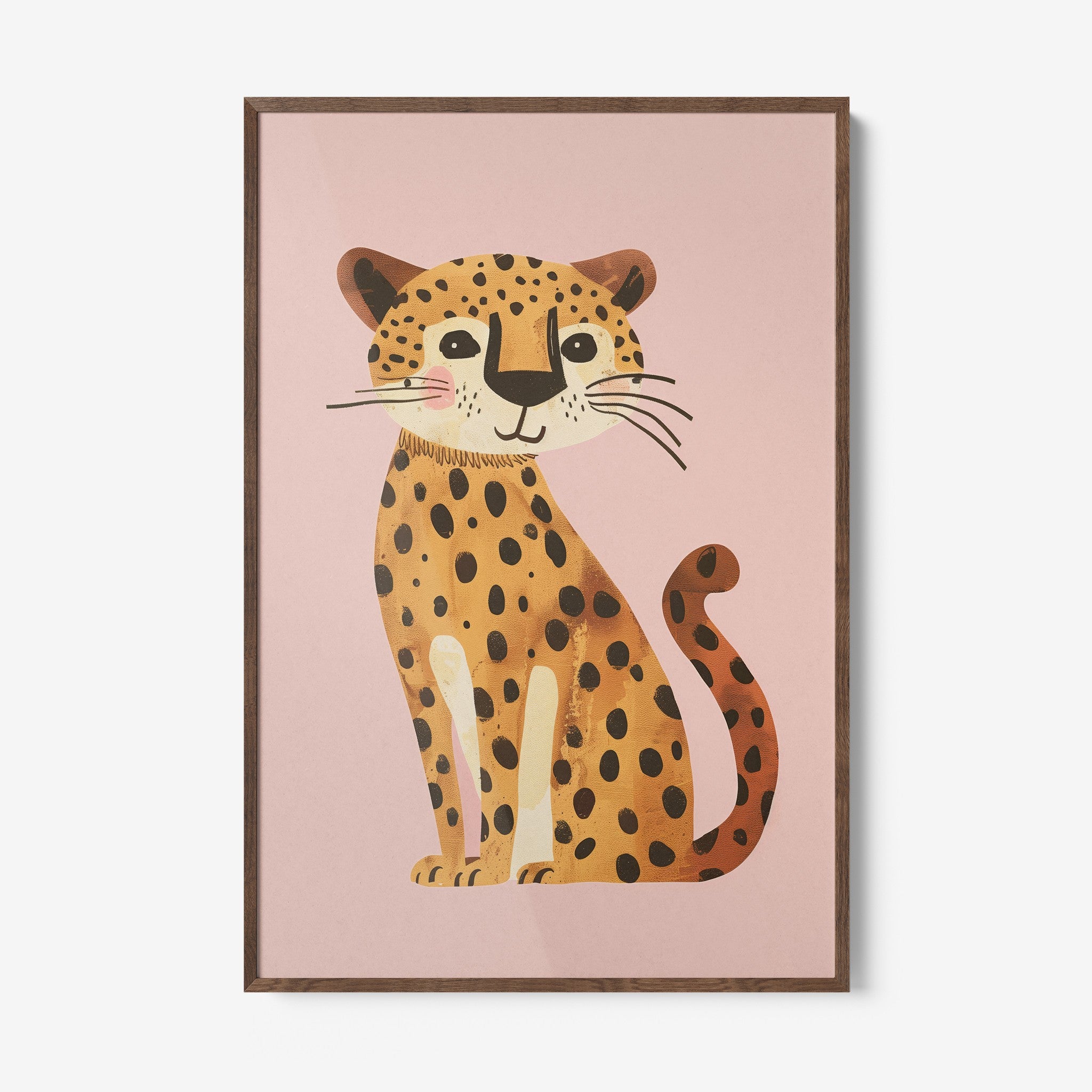 framed artwork of a sitting cheetah on pink background with dark wood frame
