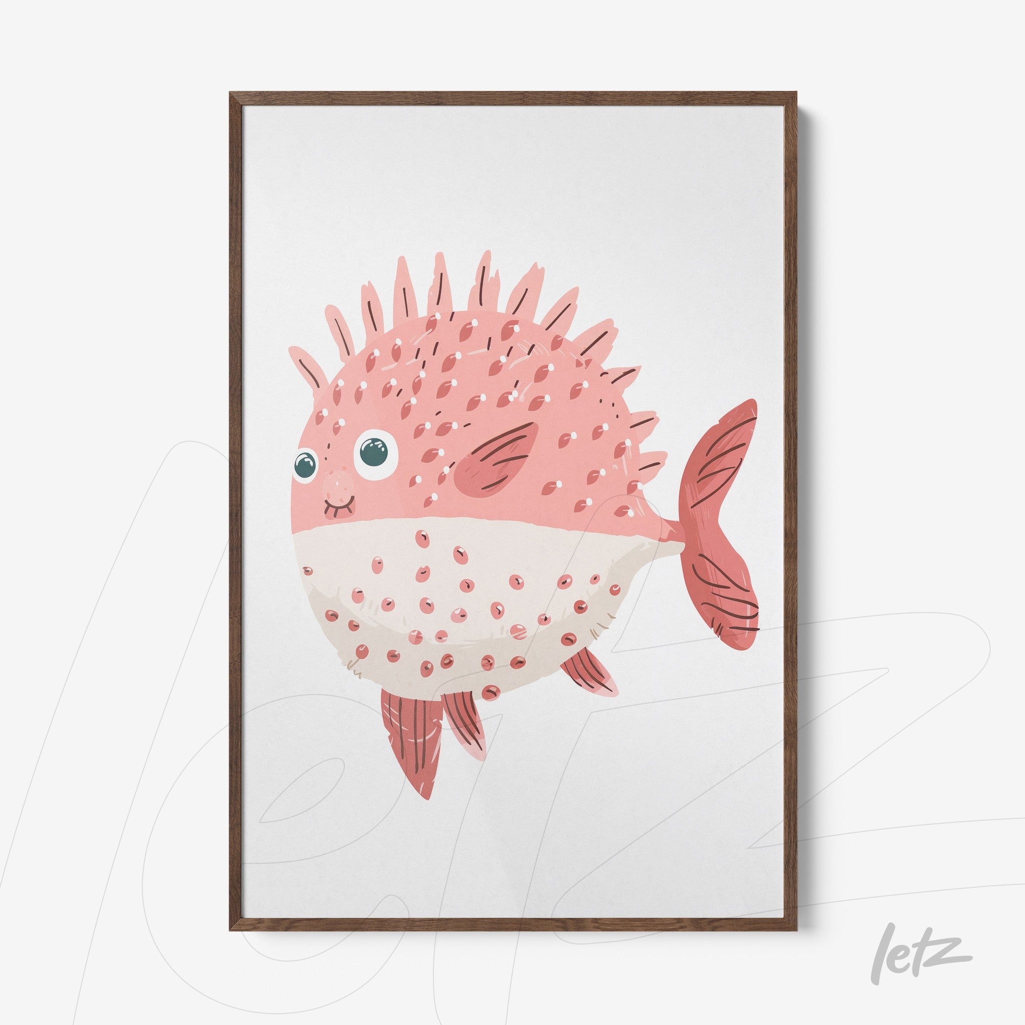 framed artwork featuring a pink spiny fish illustration with a light wood frame
