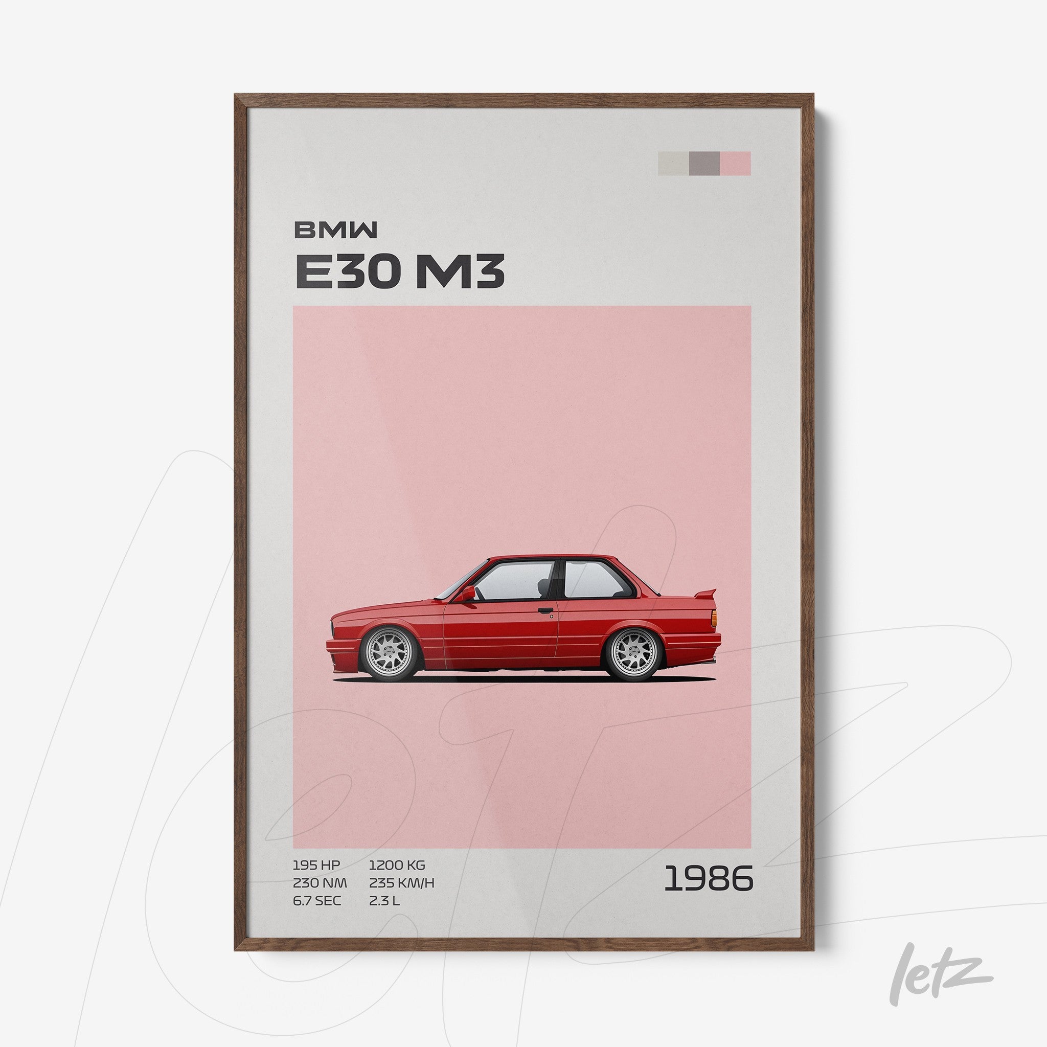 framed graphic art of red BMW E30 M3 car with pink background and dark wood frame