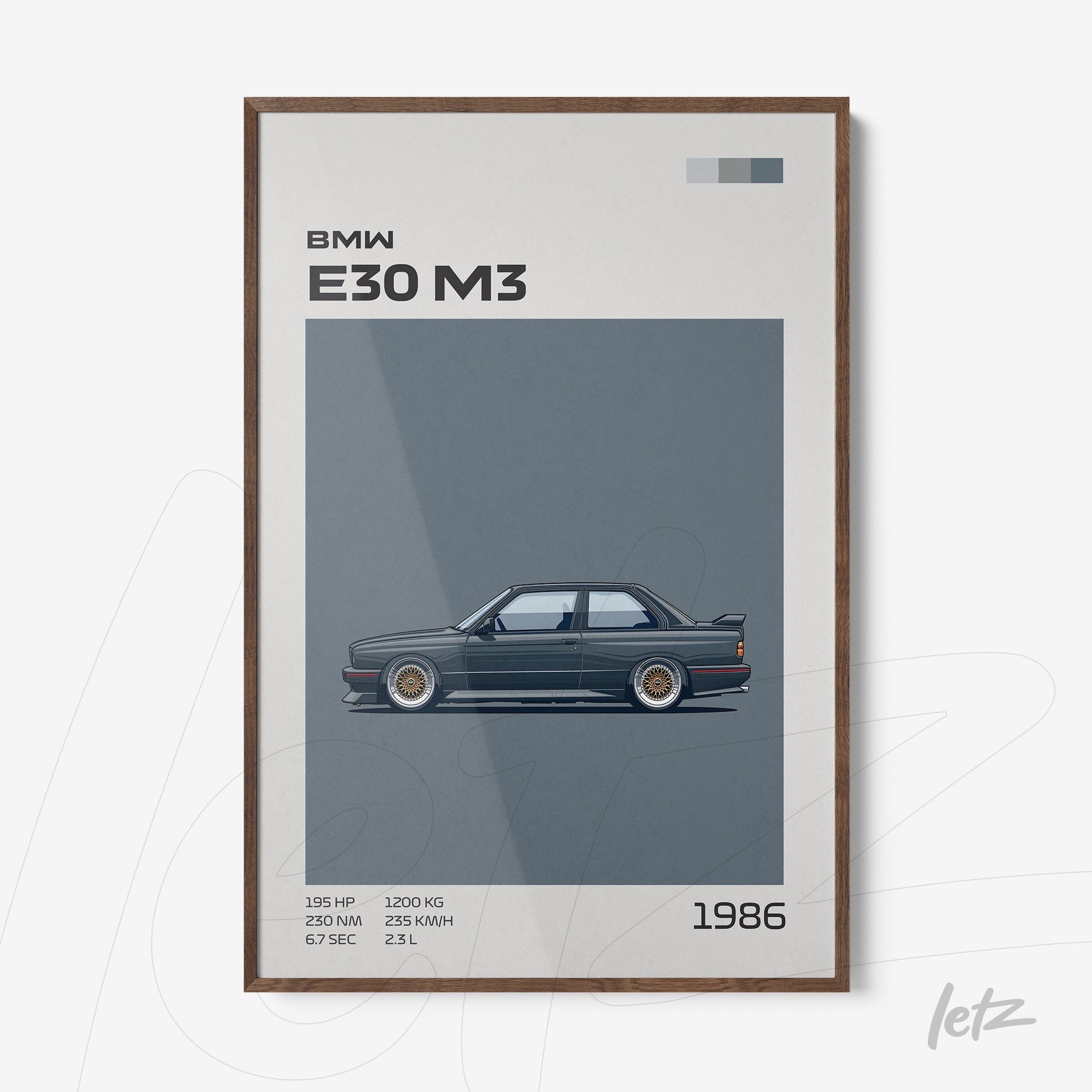 framed minimalist art of BMW E30 M3 car with dark wood frame