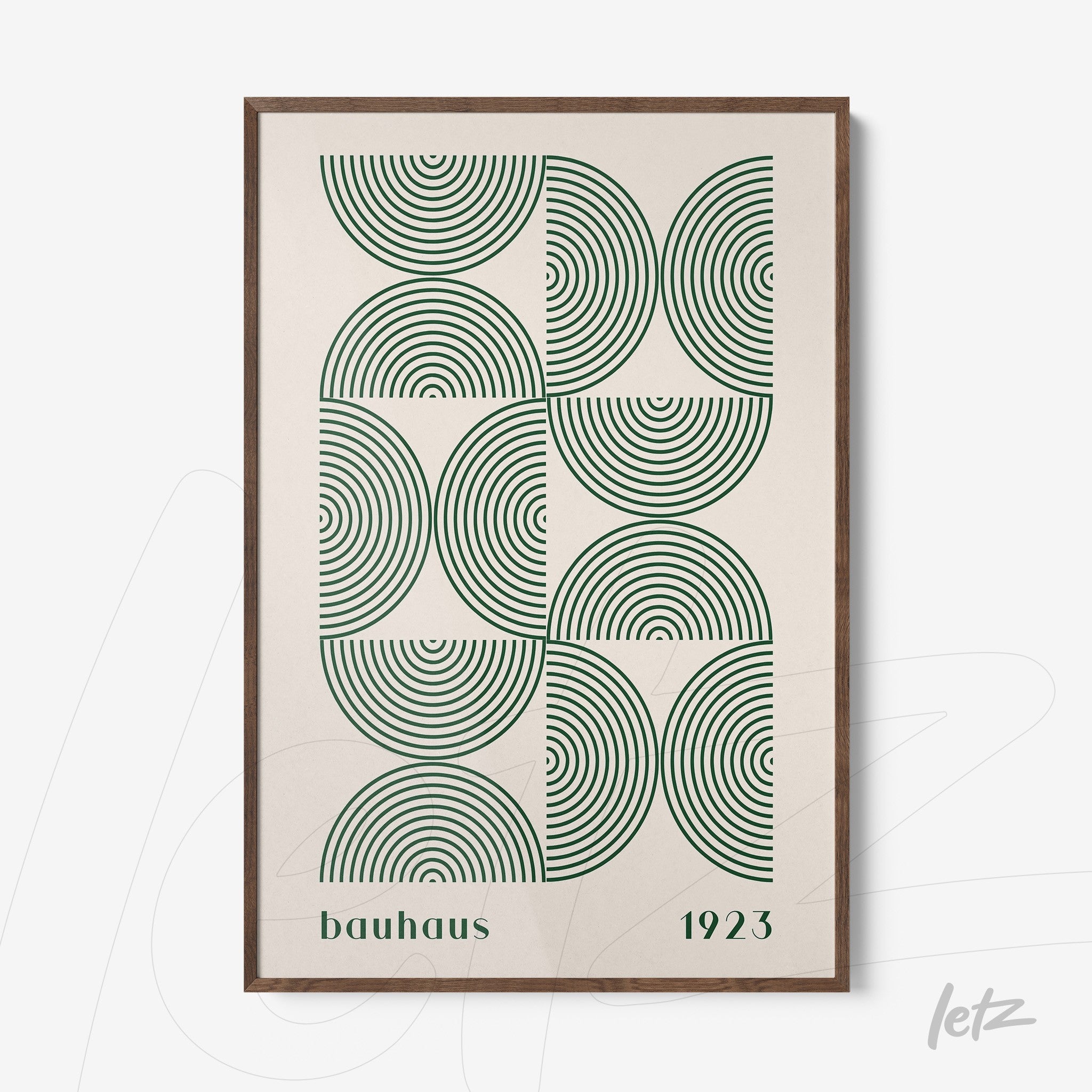 poster featuring green geometric art inspired by bauhaus style in a brown wooden frame