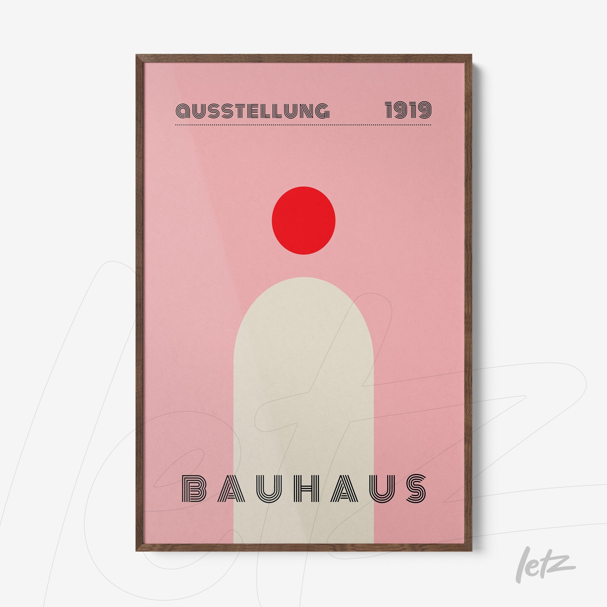 minimalist poster print with brown frame featuring Bauhaus theme showcasing geometric shapes in pink and red tones