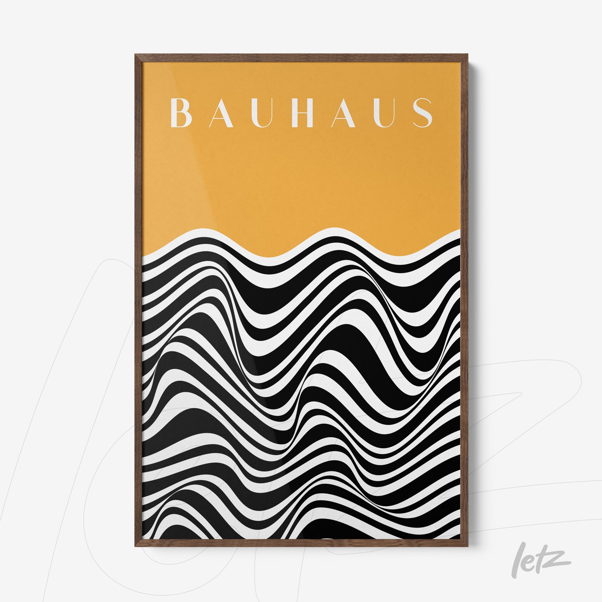 bauhaus style framed art with black and white waves on an orange background, wooden frame