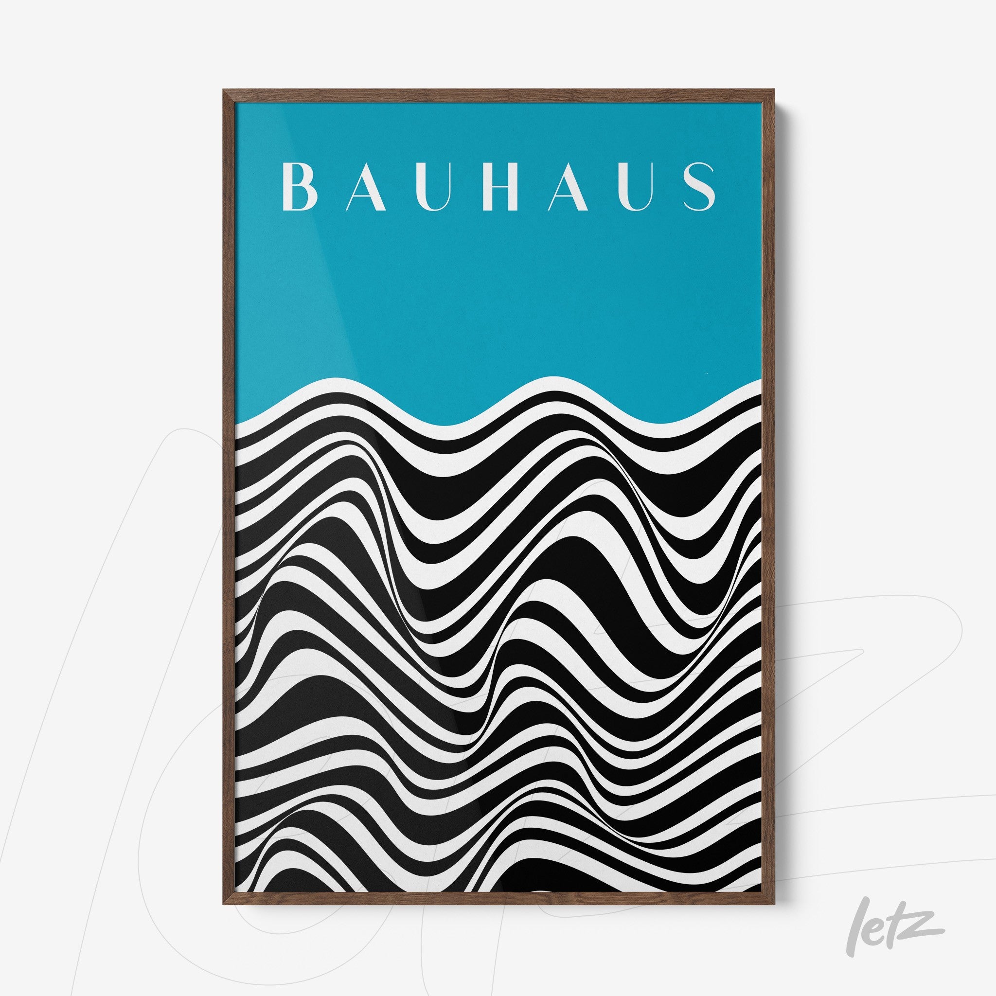 poster print with black and white wavy design and bauhaus title on blue background, dark wood frame