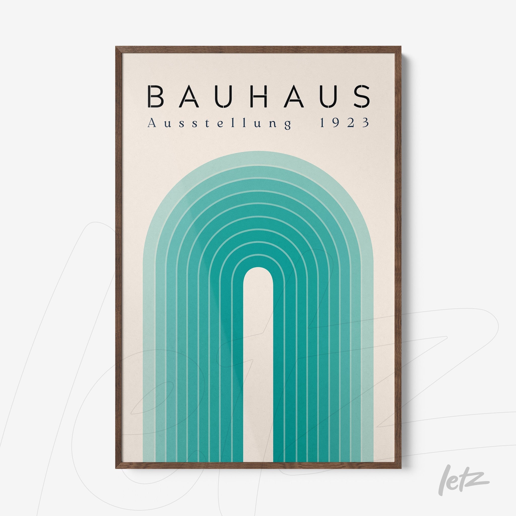 poster print featuring green tone arches design with text bauhaus ausstellung 1923 in brown frame
