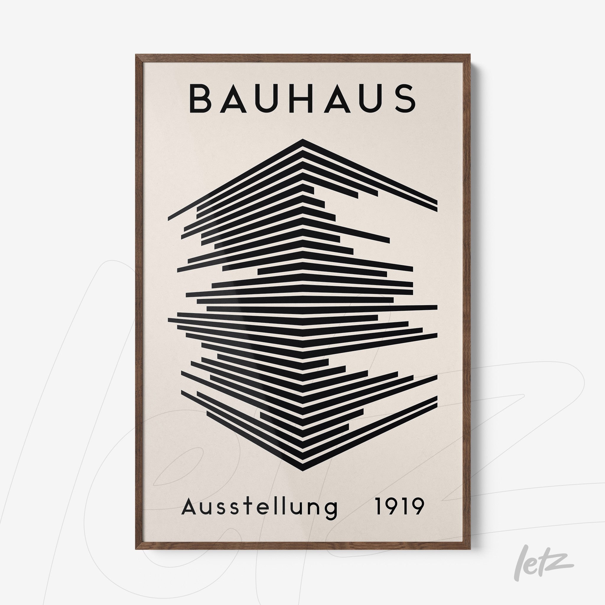 poster featuring geometric Bauhaus movement art in a dark wood frame