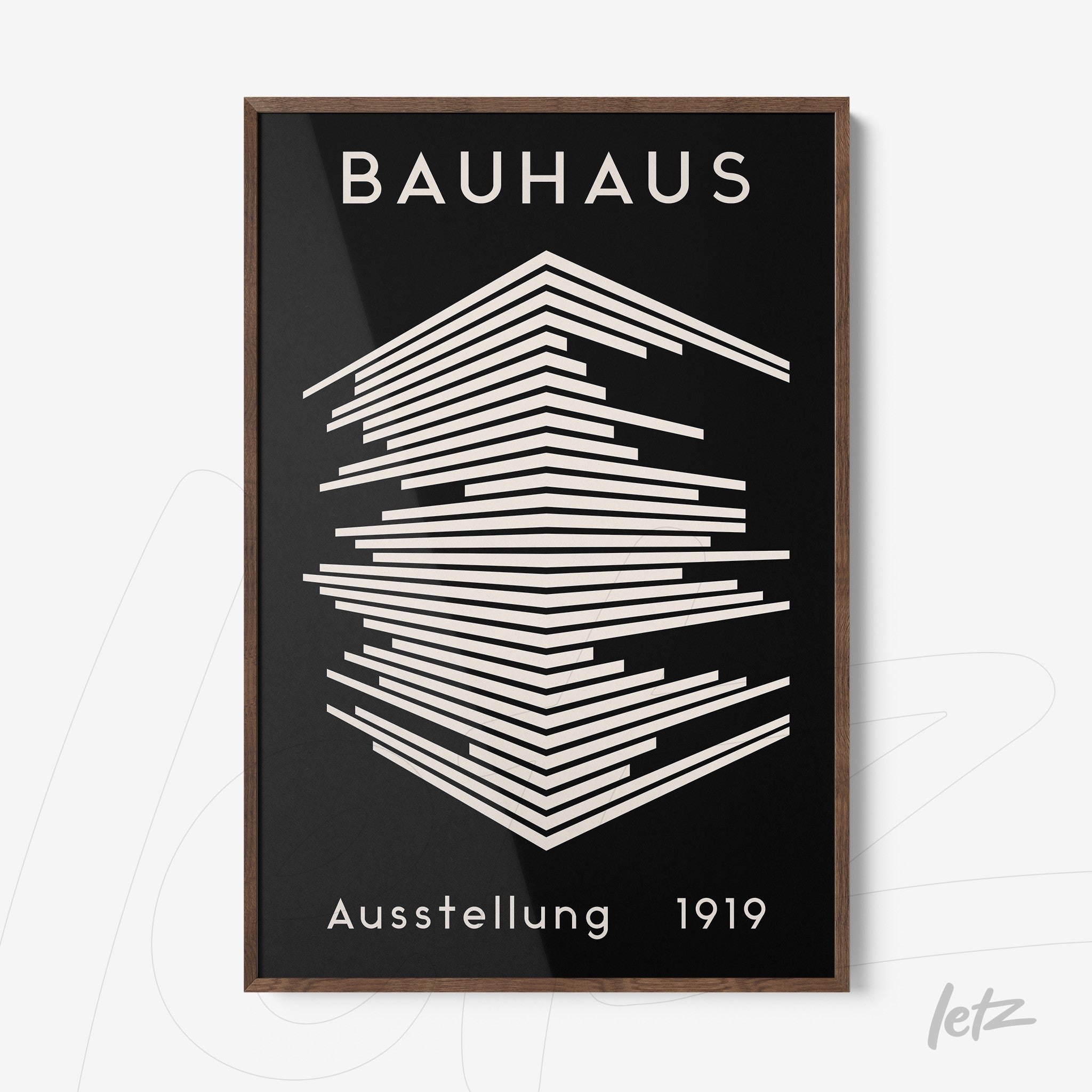 poster featuring bauhaus geometric art in a dark wooden frame