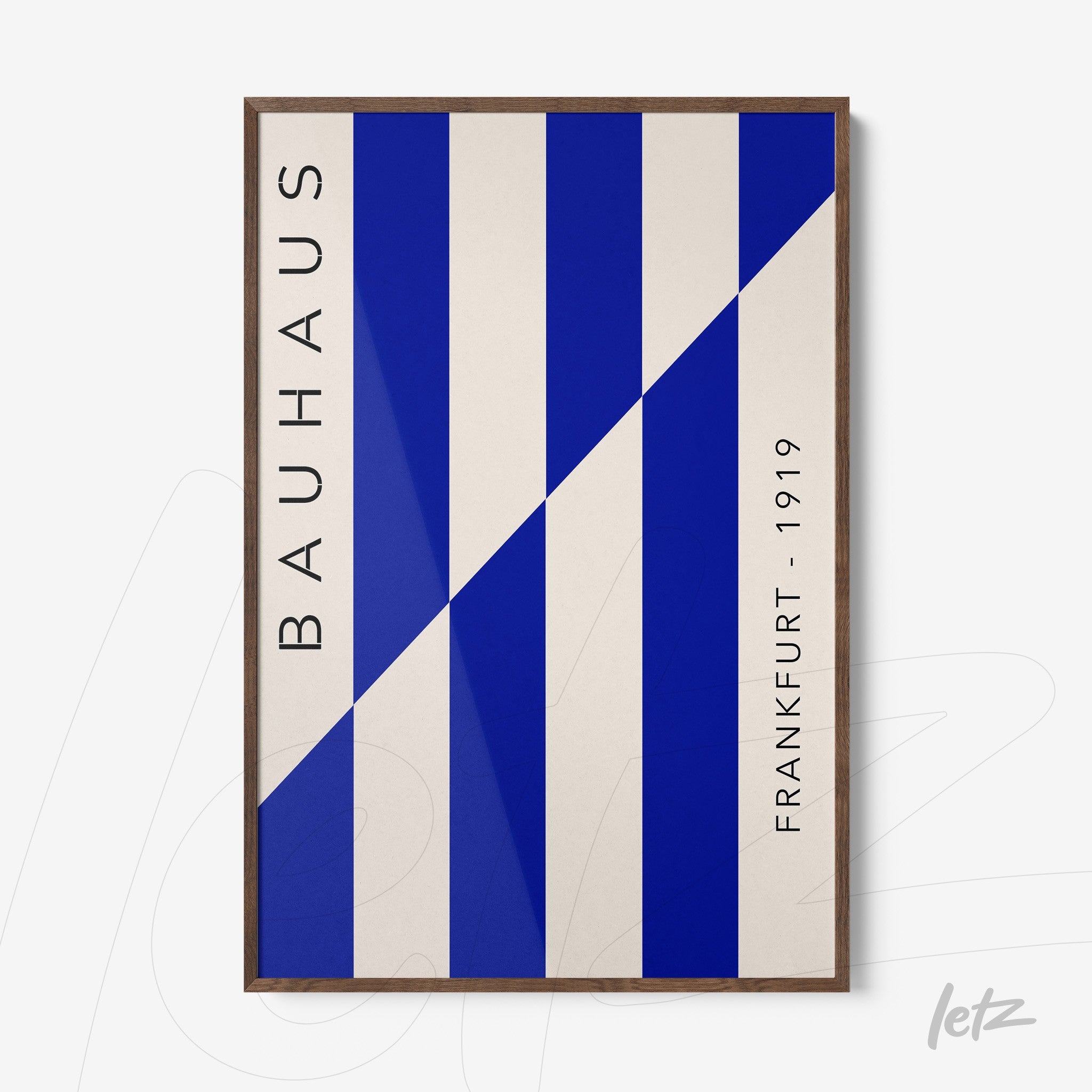 poster featuring geometric Bauhaus style art with blue and white stripes in a wooden frame
