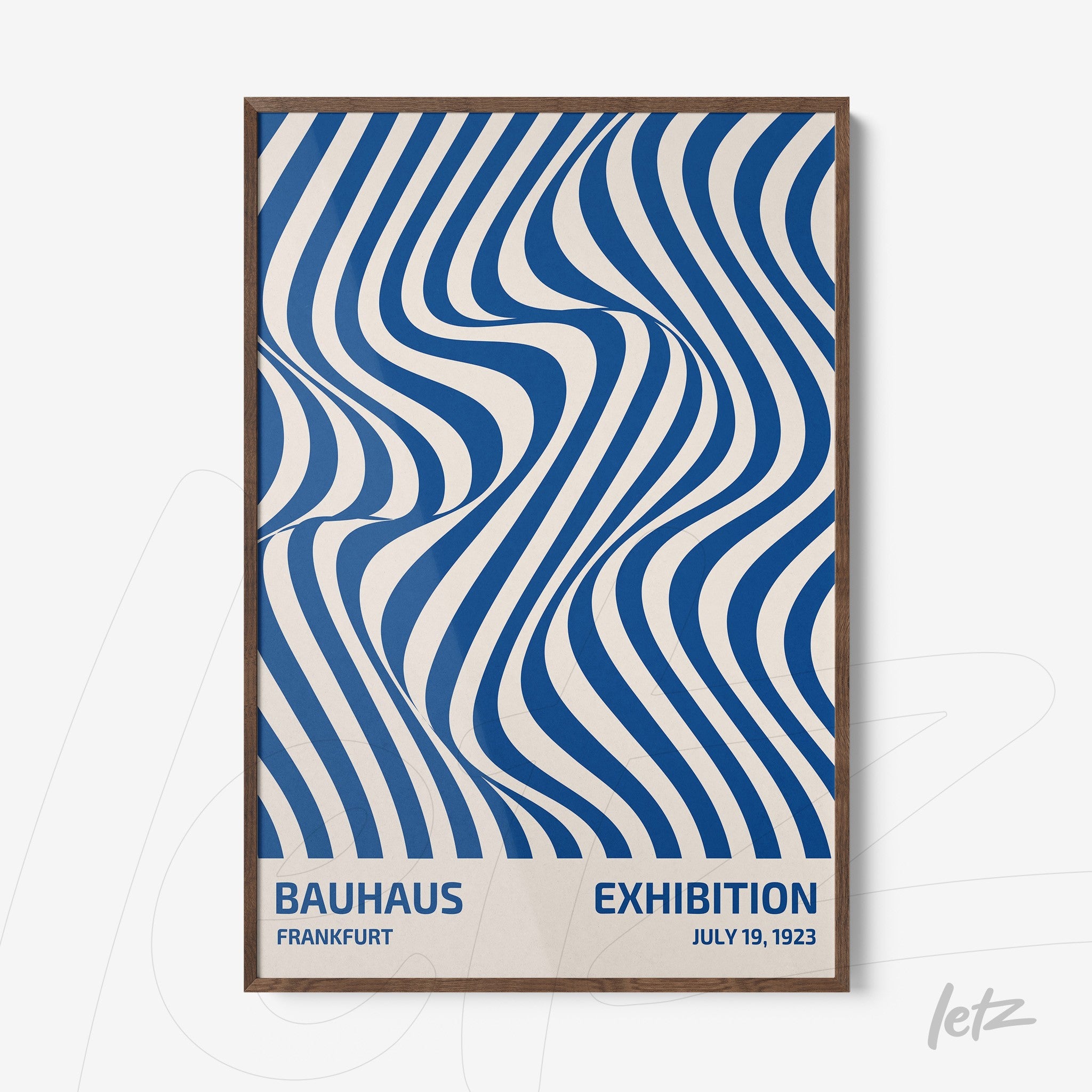 poster with wavy geometric pattern in blue and white with wooden frame, featuring text about Bauhaus exhibition in Frankfurt
