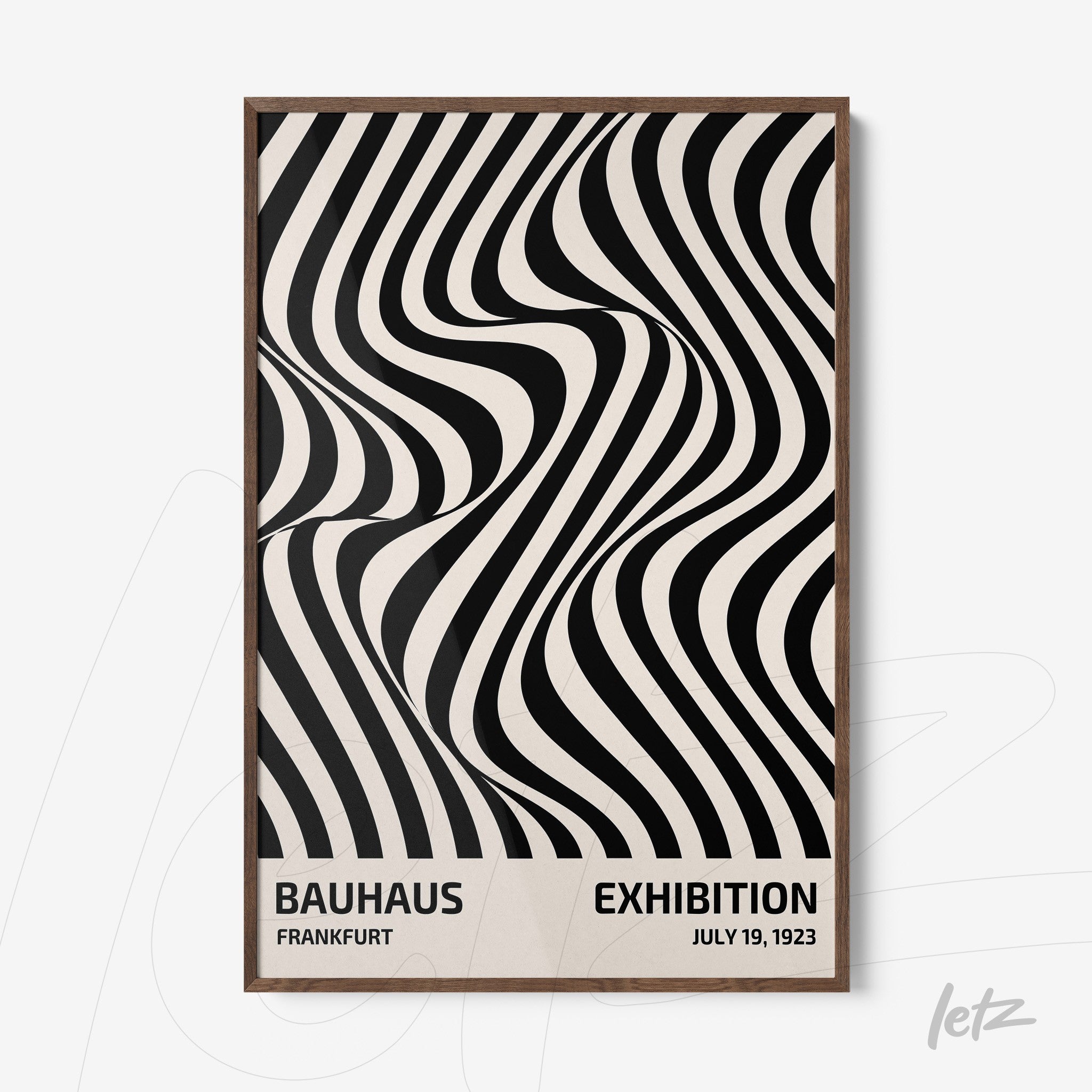 poster print of black and white geometric art with wooden frame, featuring fluid and curved lines