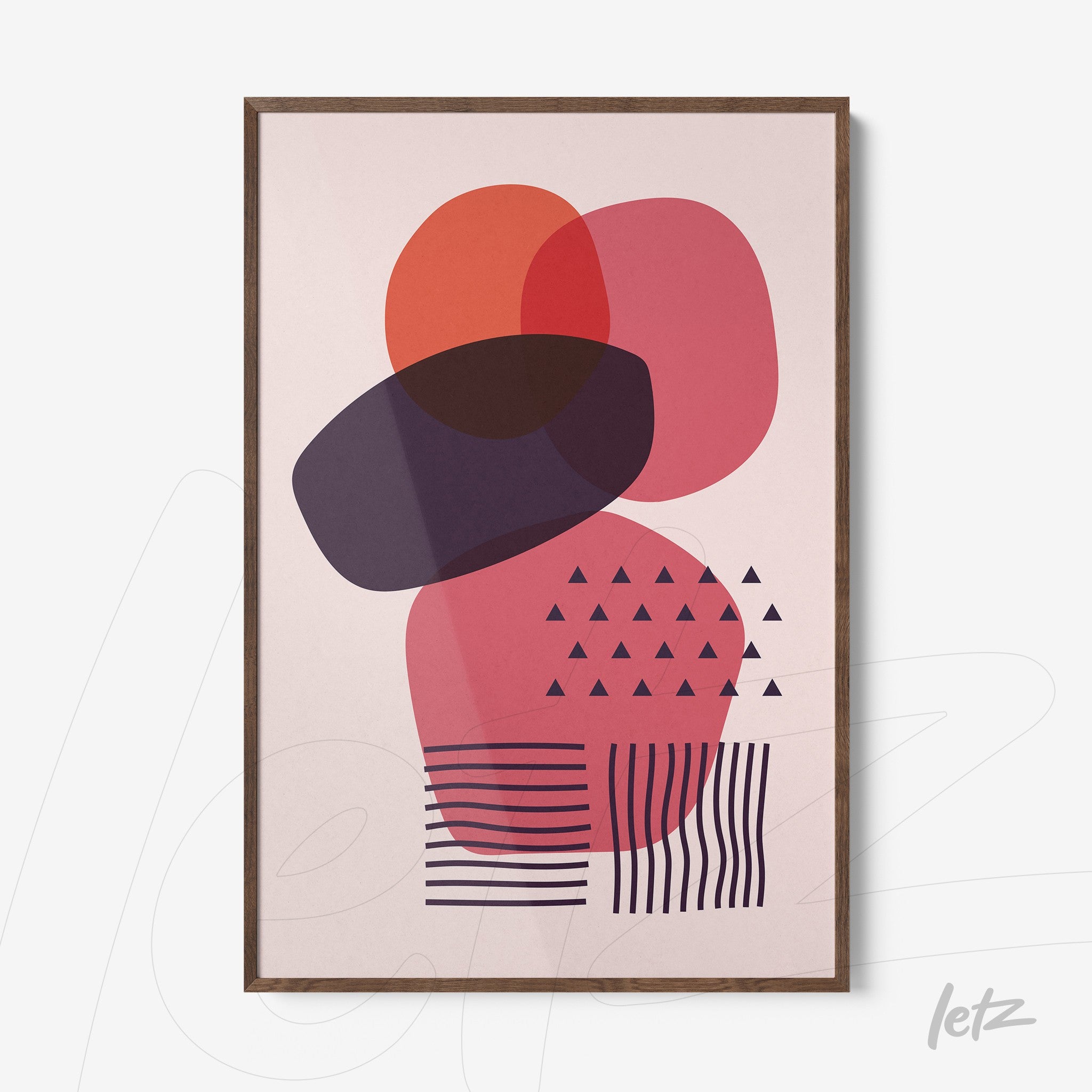 poster featuring abstract geometric art in shades of pink and purple with a dark wood frame