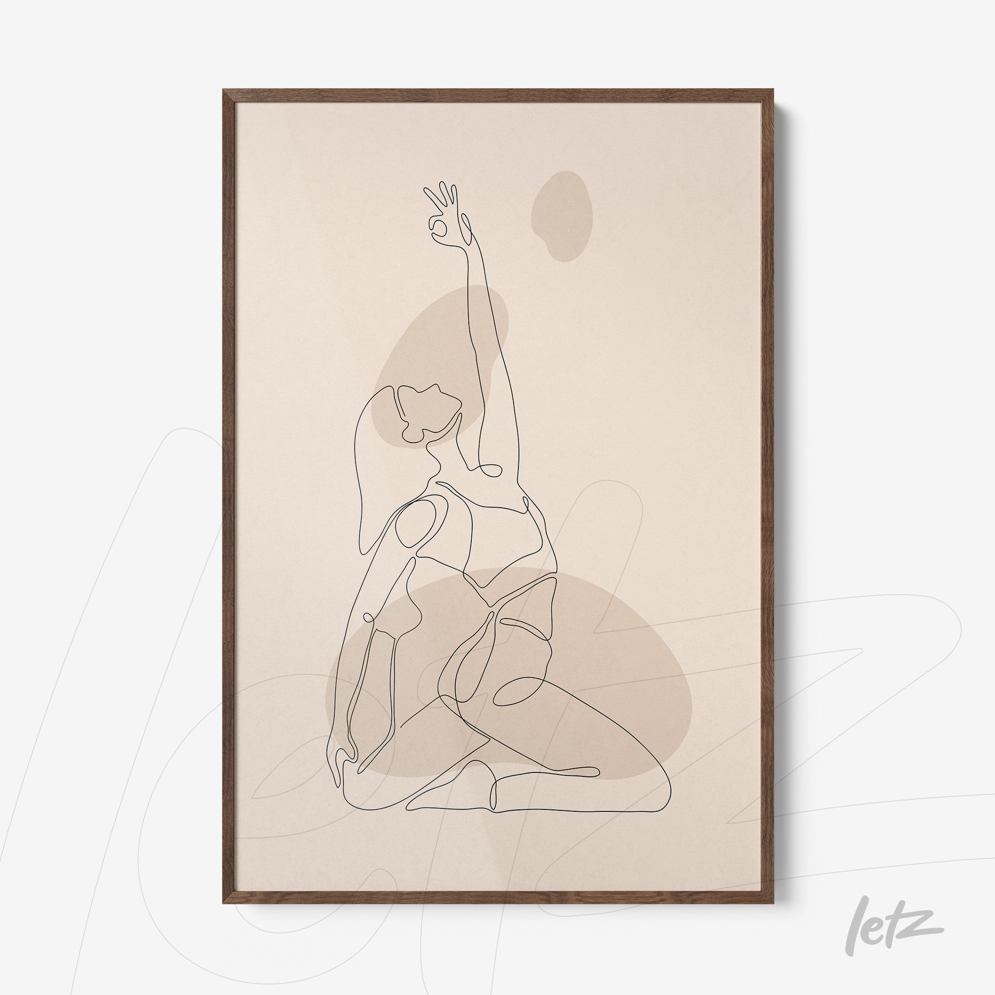 framed minimalist line art of a woman in yoga pose, with dark wood frame
