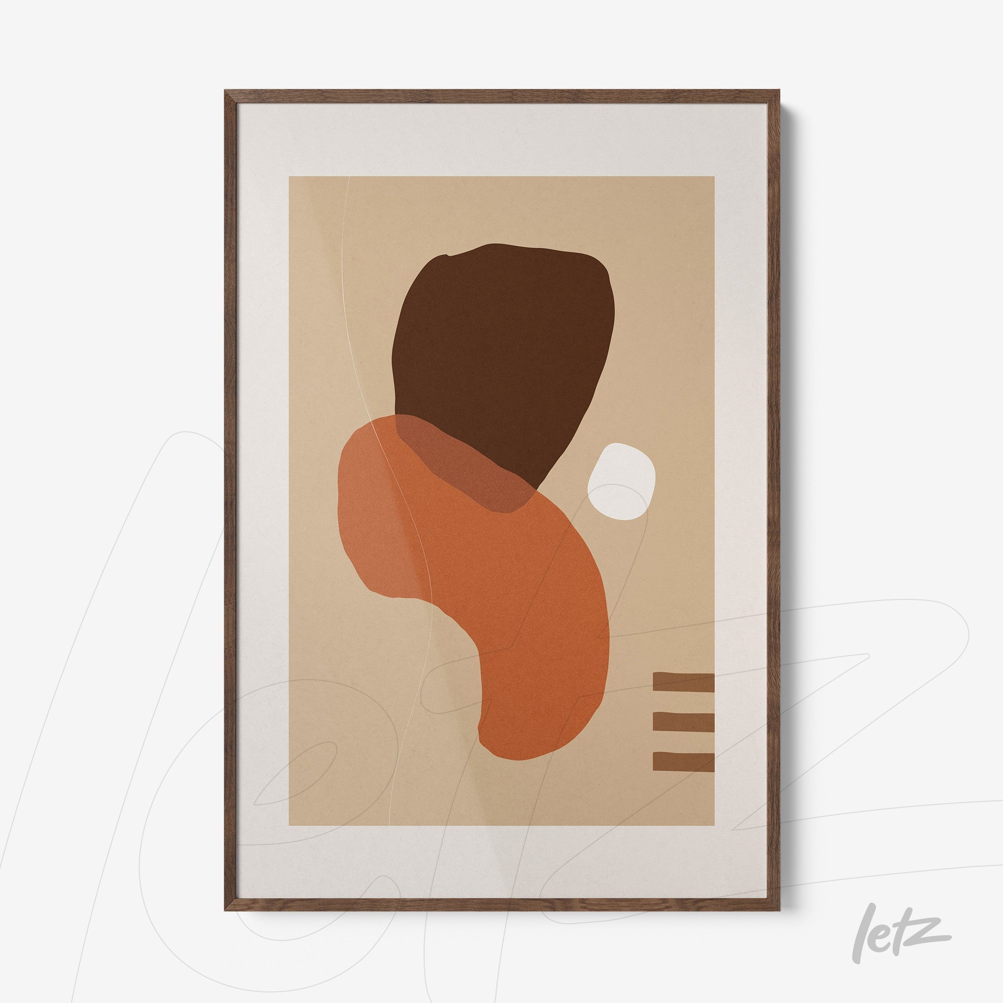 canvas wall art with abstract organic shapes in brown and orange on a beige background, featuring a dark wood frame