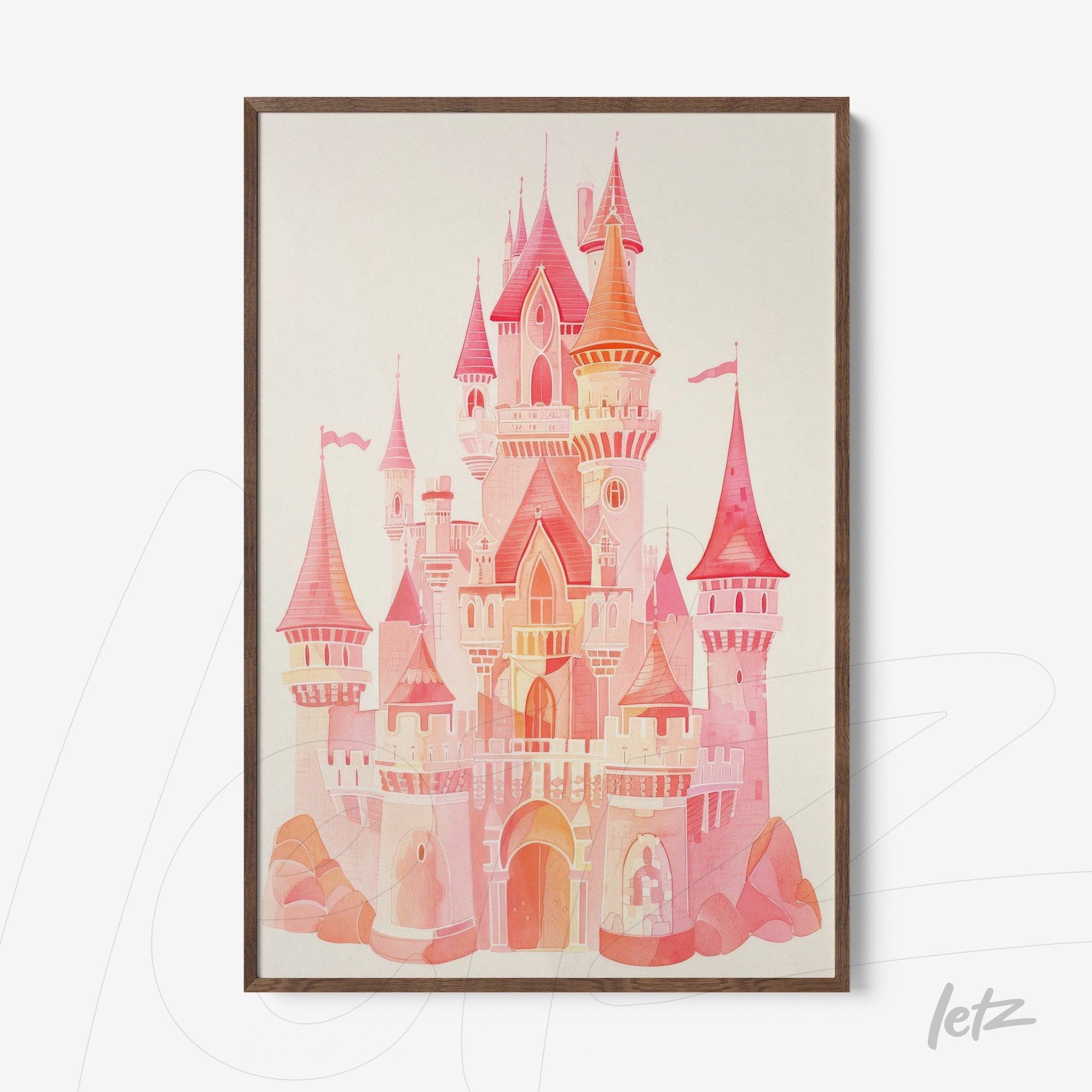 framed artwork featuring a castle illustration in pink and orange tones set against a light background