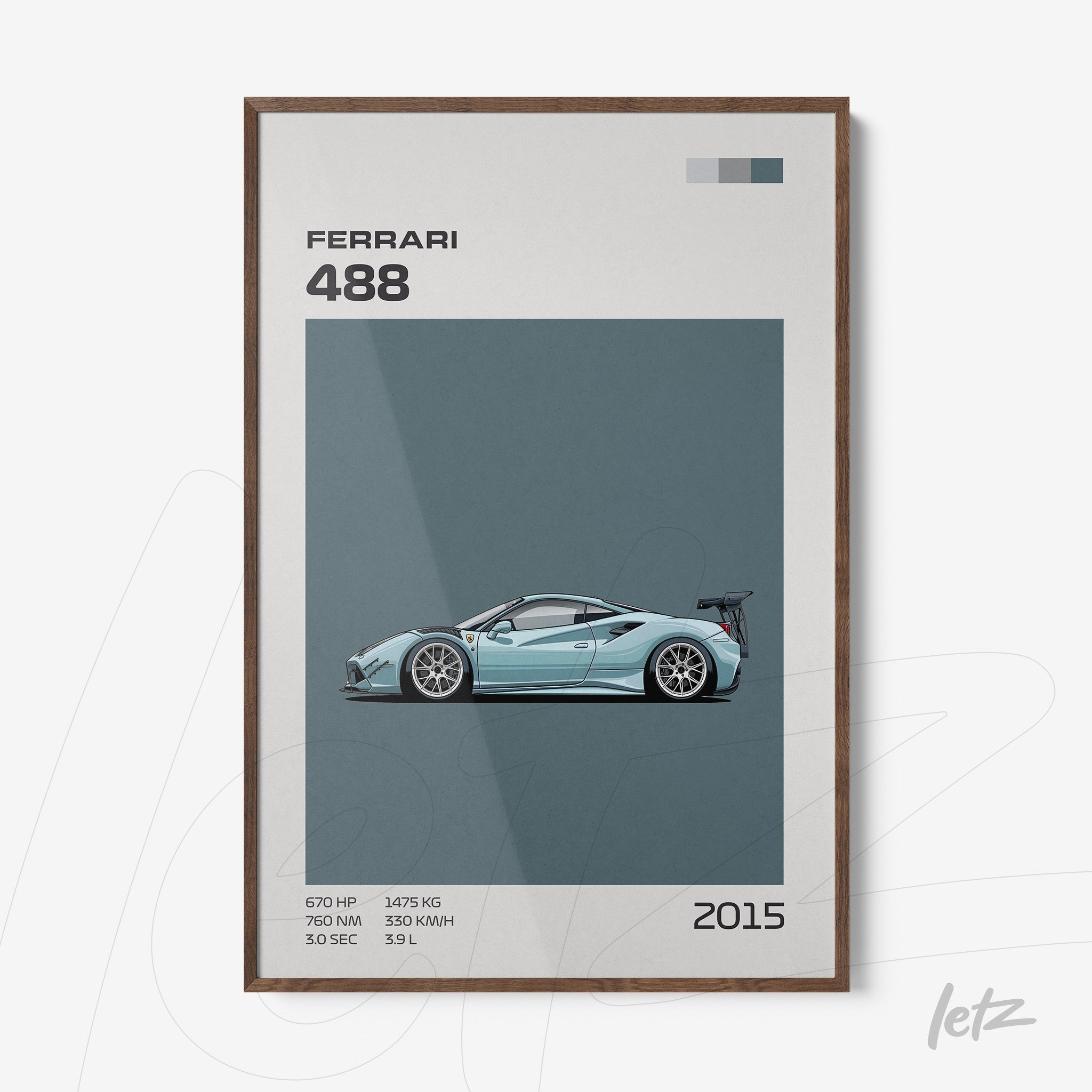 framed wall art featuring a minimalist illustration of a Ferrari 488 sports car with dark wooden frame