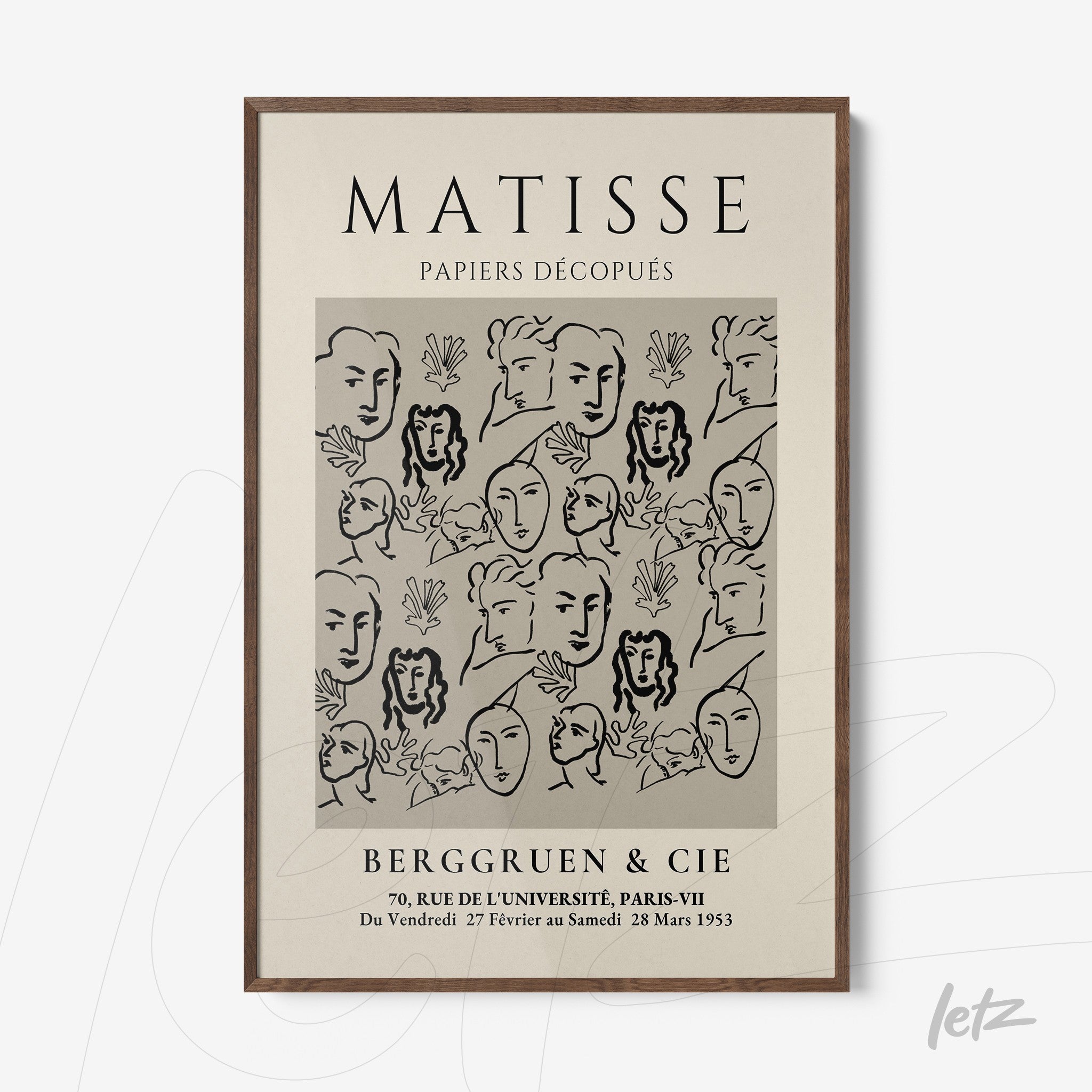 modern style framed artwork featuring stylized faces on gray background with light wood frame