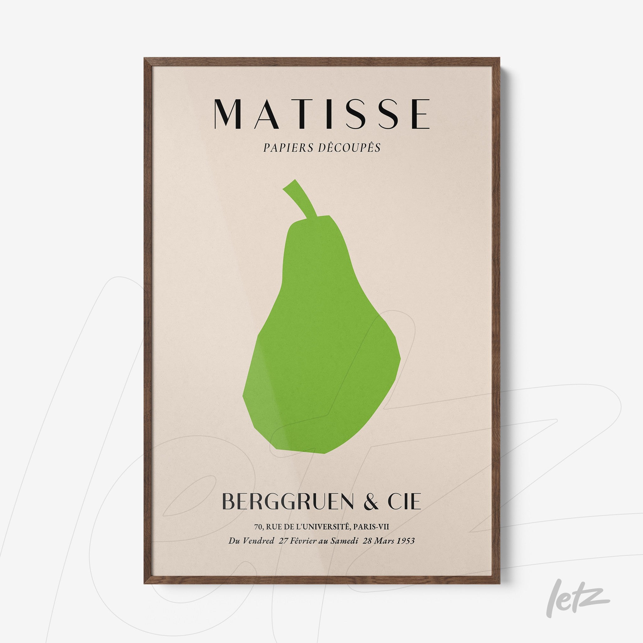 modern art framed print of a stylized green pear with dark wood frame