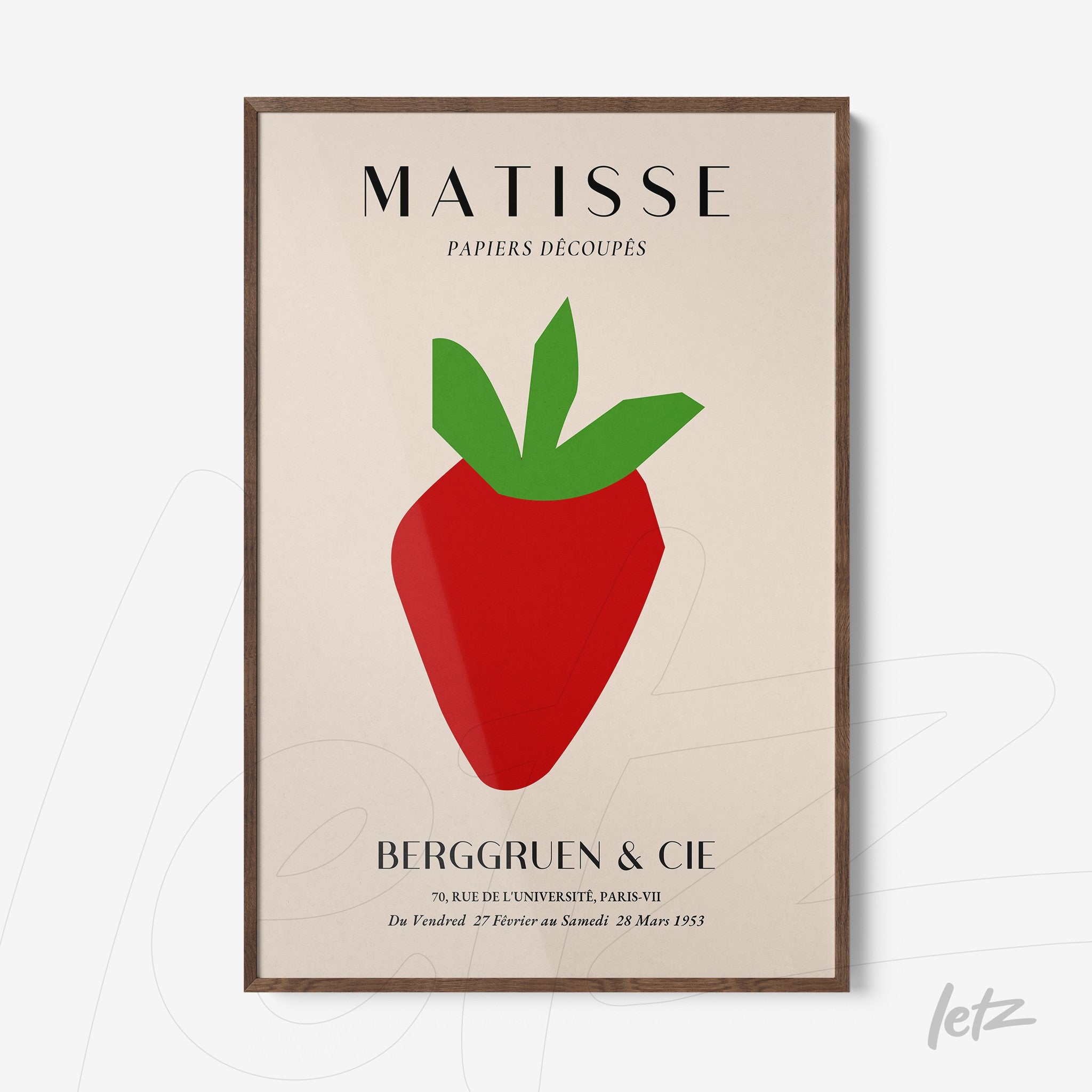framed modern art print of a stylized strawberry with dark wood frame