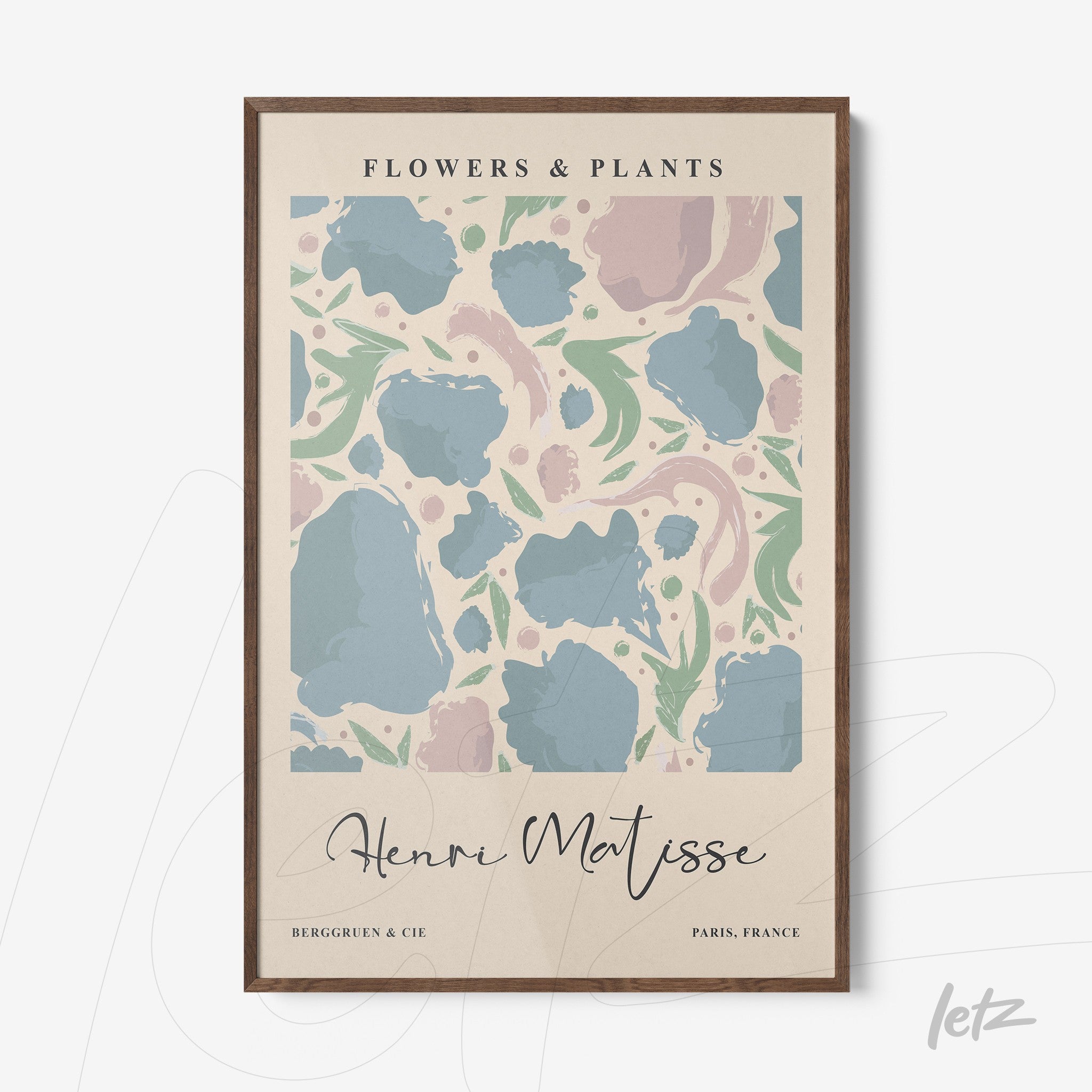 decorative frame featuring abstract floral and plant art in light wood frame