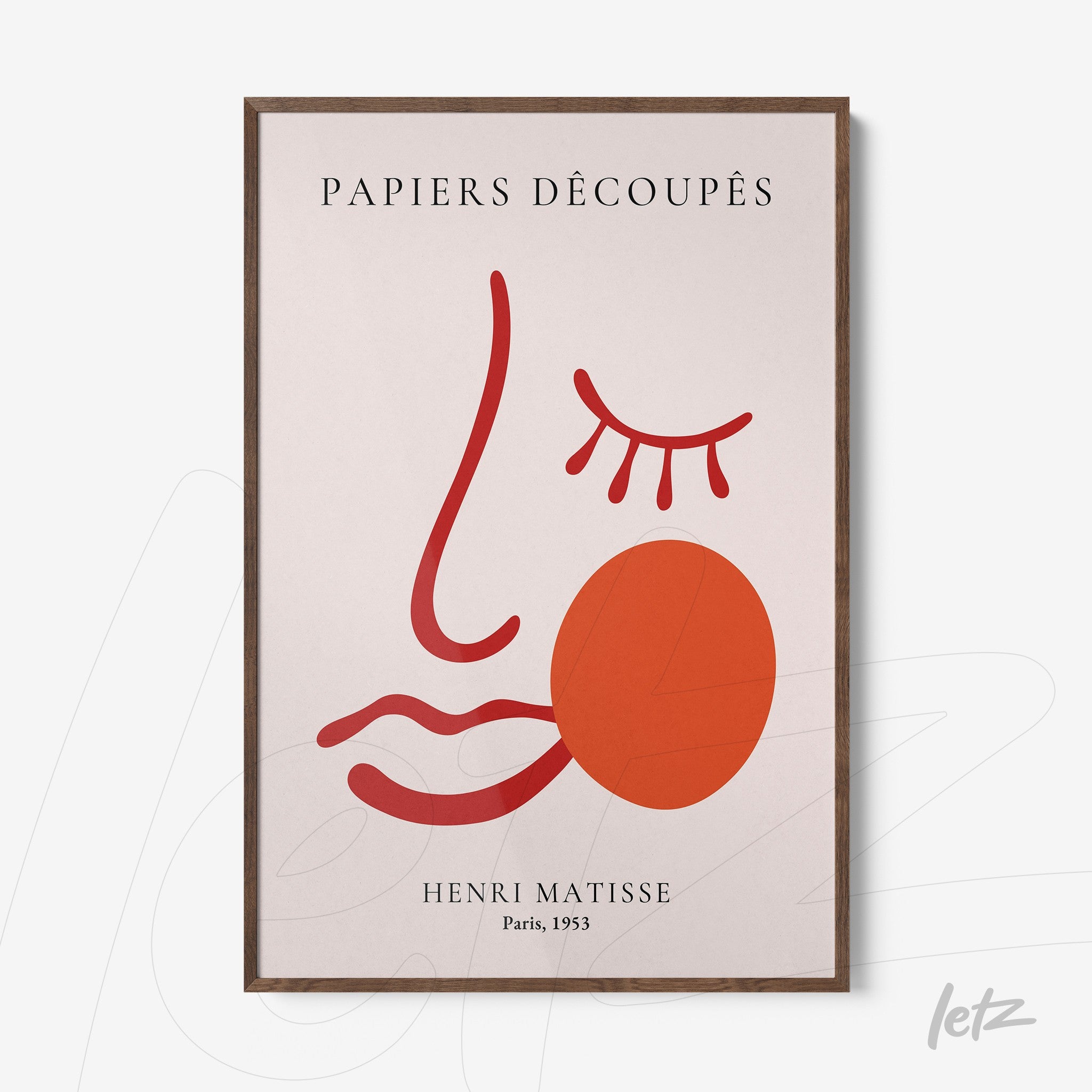 decorative wall art featuring abstract line artwork in red and orange tones, dark wooden frame with the title 'PAPIERS DÉCOUPÉS' and text 'HENRI MATISSE, Paris, 1953'