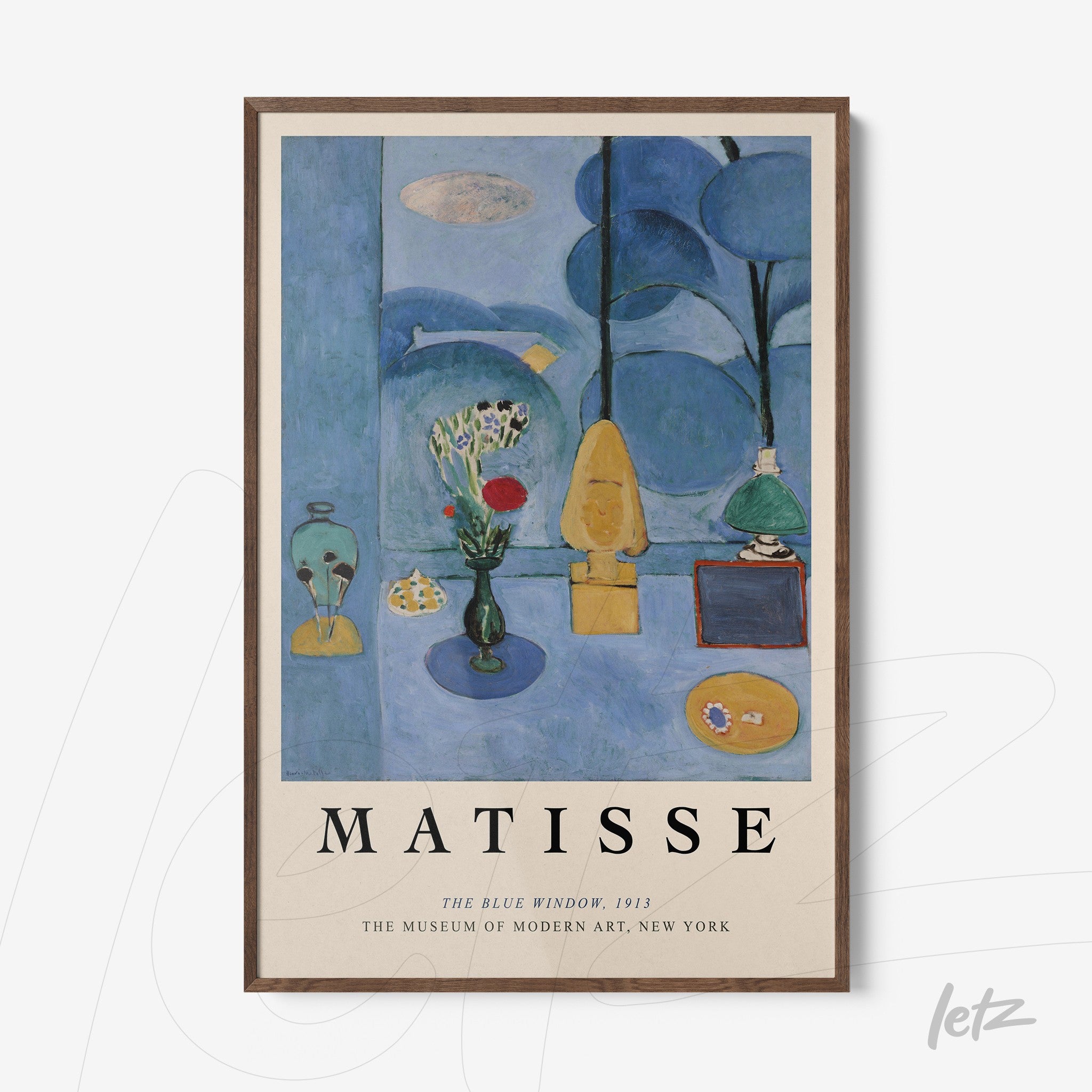 decorative wall art featuring 'The Blue Window' by Matisse in a dark wood frame with vibrant blue background