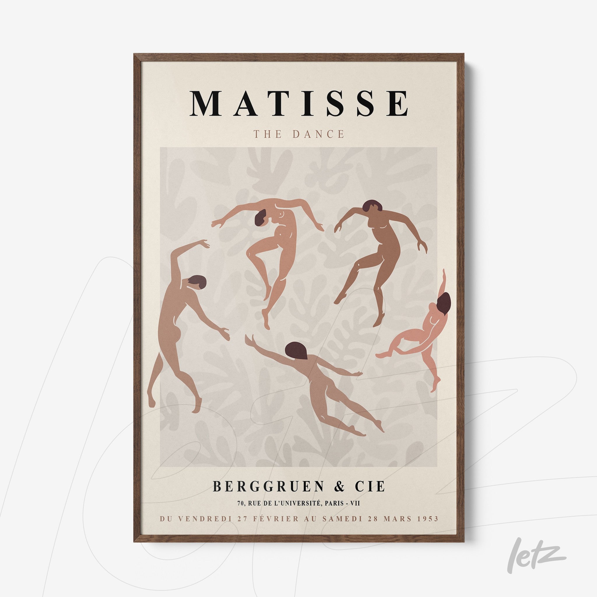 framed artwork featuring stylized dancers on a soft textured background with dark wood frame